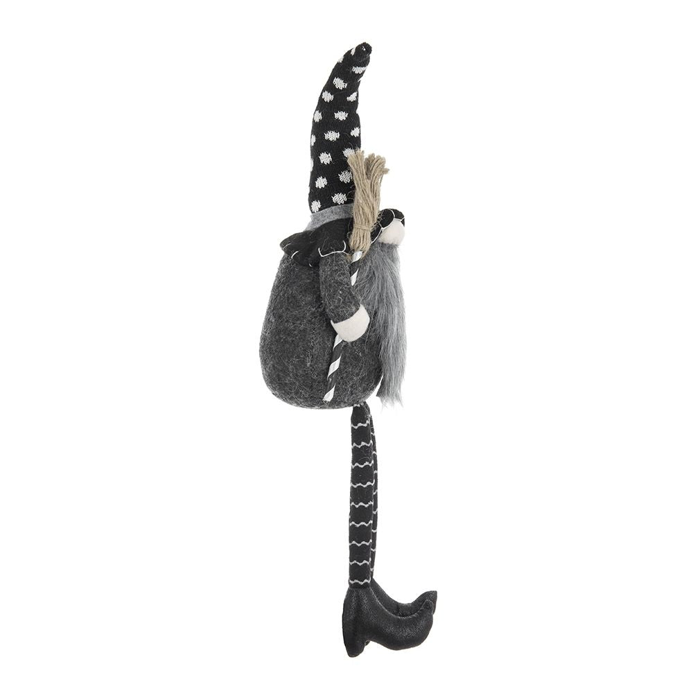 Sitting Gnome With Broomstick &amp; Soft Legs, For Halloween Decor - Black White
