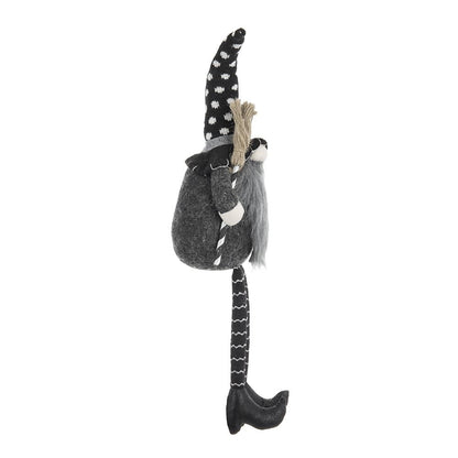 Sitting Gnome With Broomstick &amp; Soft Legs, For Halloween Decor - Black White