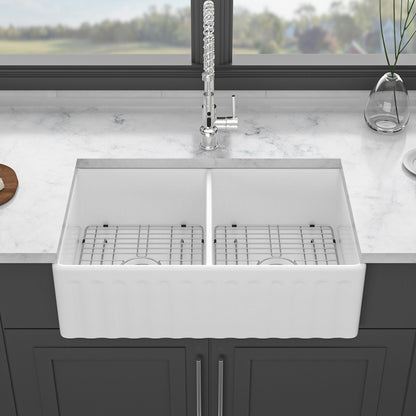 Sink 33&quot; Double Bowl Kitchen Sink With Deep Bowls And Grids - White
