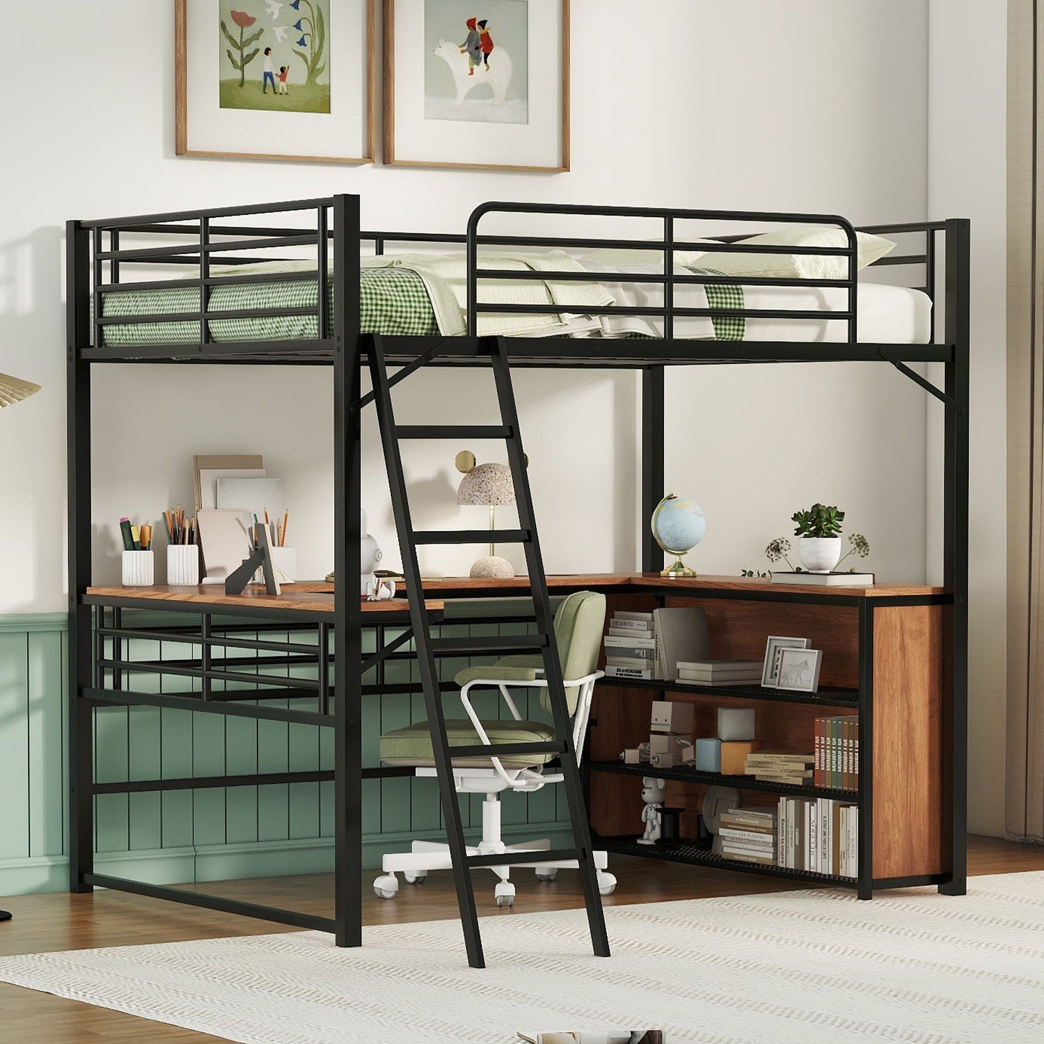 Loft Bed &amp; 3 Layers Of Shelves And L-Shaped Desk
