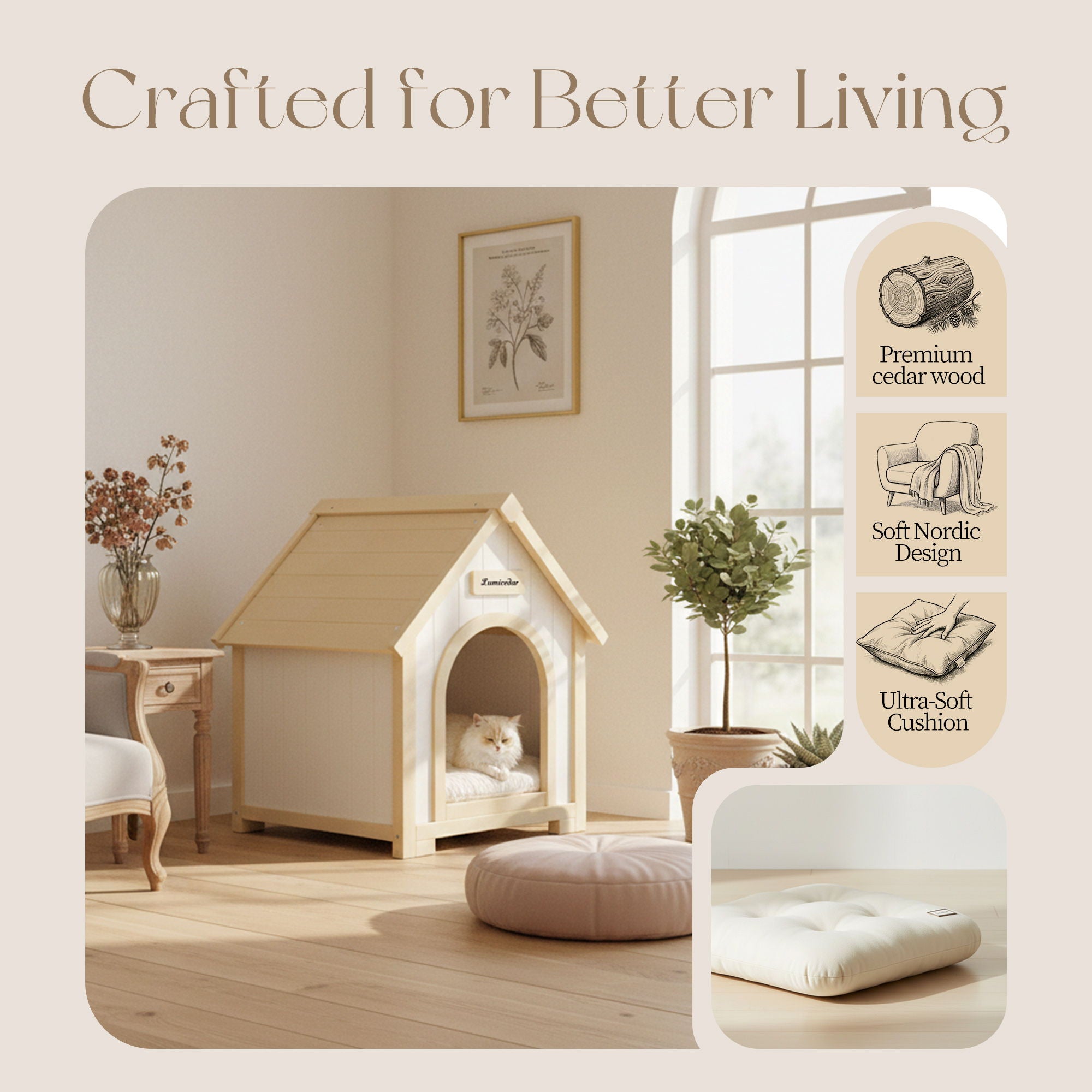 Indoor Dog House With Cushion Pet House For Small Dogs &amp; Cats - Creamy White / Light Yellow