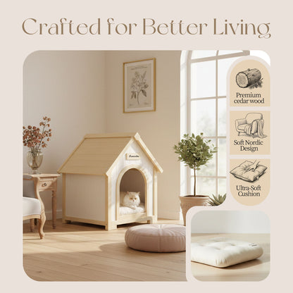 Indoor Dog House With Cushion Pet House For Small Dogs &amp; Cats - Creamy White / Light Yellow
