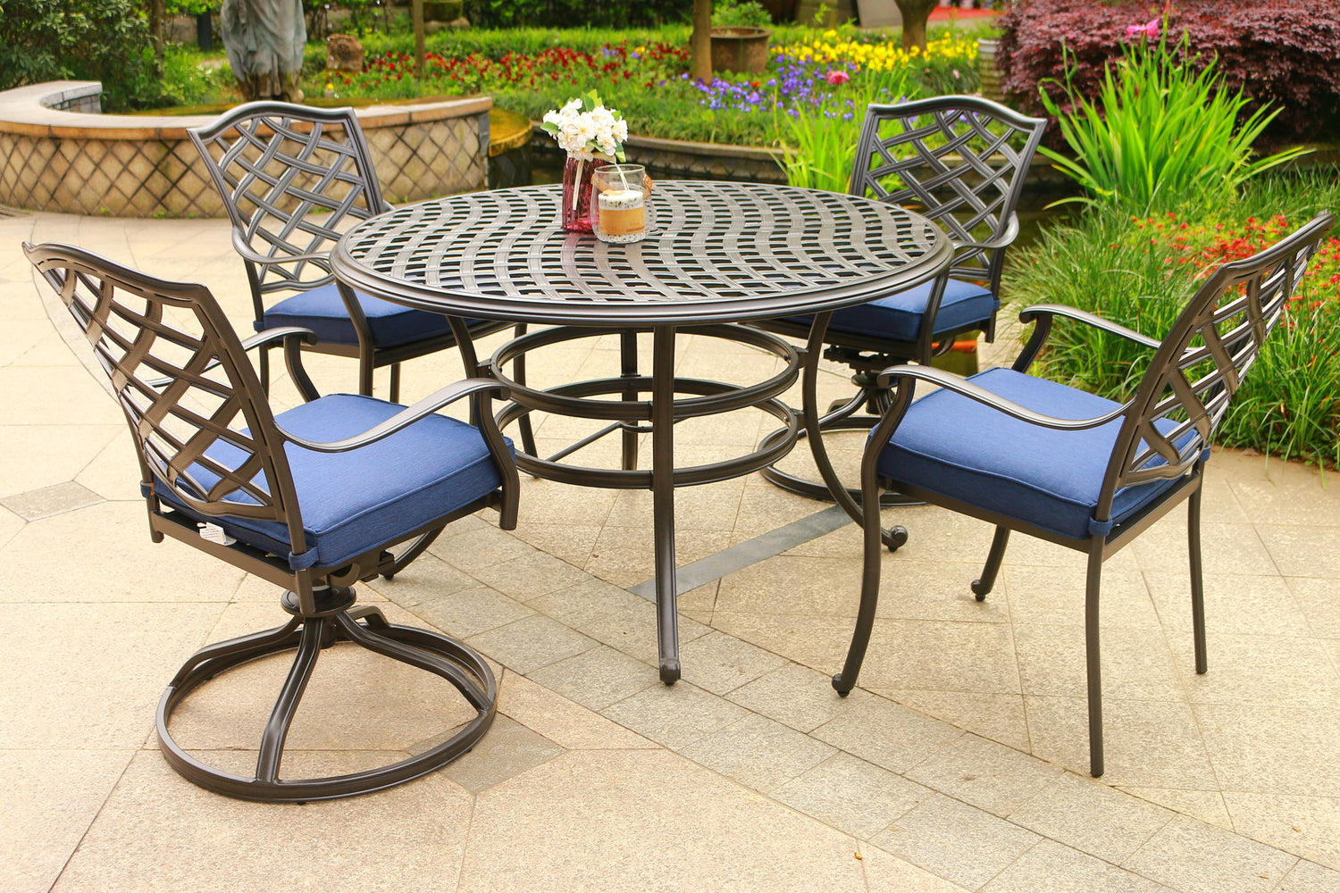 Round 49&quot; Long Aluminum Dining Set With Cushions