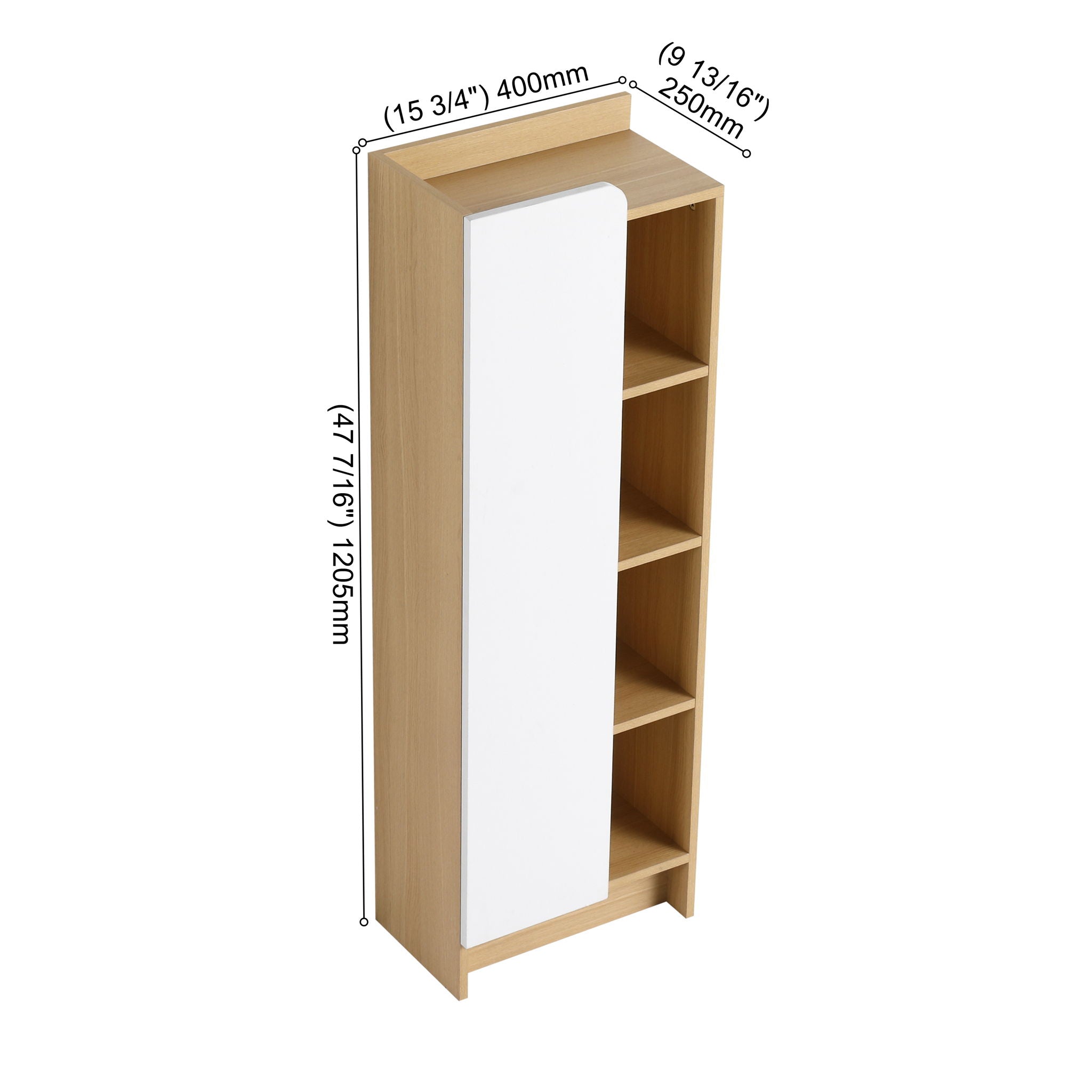 Tall Freestanding Bathroom Side Cabinet With Single Door &amp; 4 Tier Open Shelves - Black / Light Oak / White