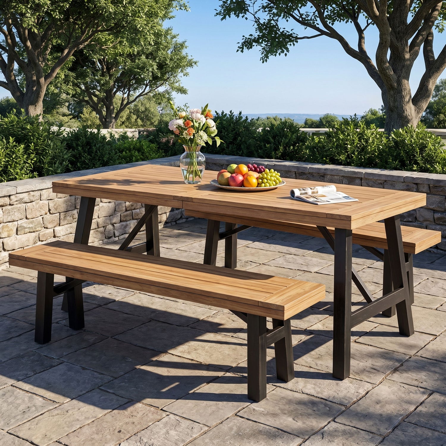 Outdoor Dining Set With 2 Bench And 1 Dining Table - Light Brown