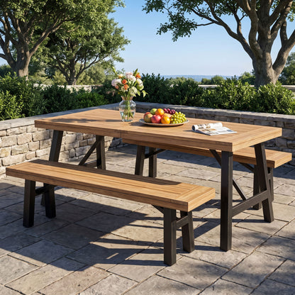 Outdoor Dining Set With 2 Bench And 1 Dining Table - Light Brown