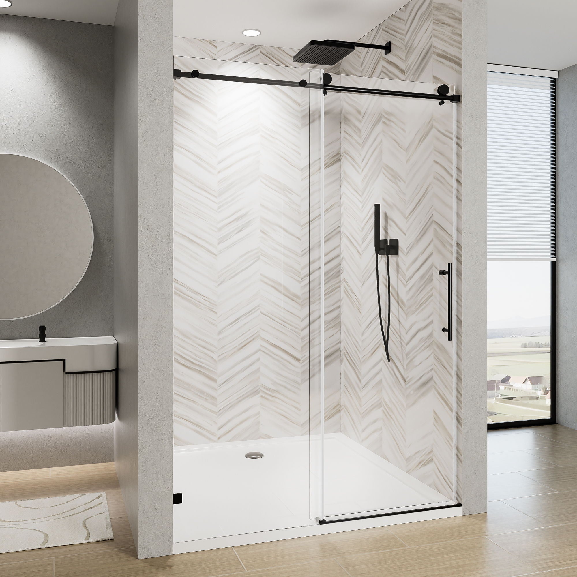 Frameless Single Sliding Soft Close Shower Door, 5 / 16&quot; Clear Nano Coated Tempered Glass And 304 Stainless Steel Handle - Matte Black