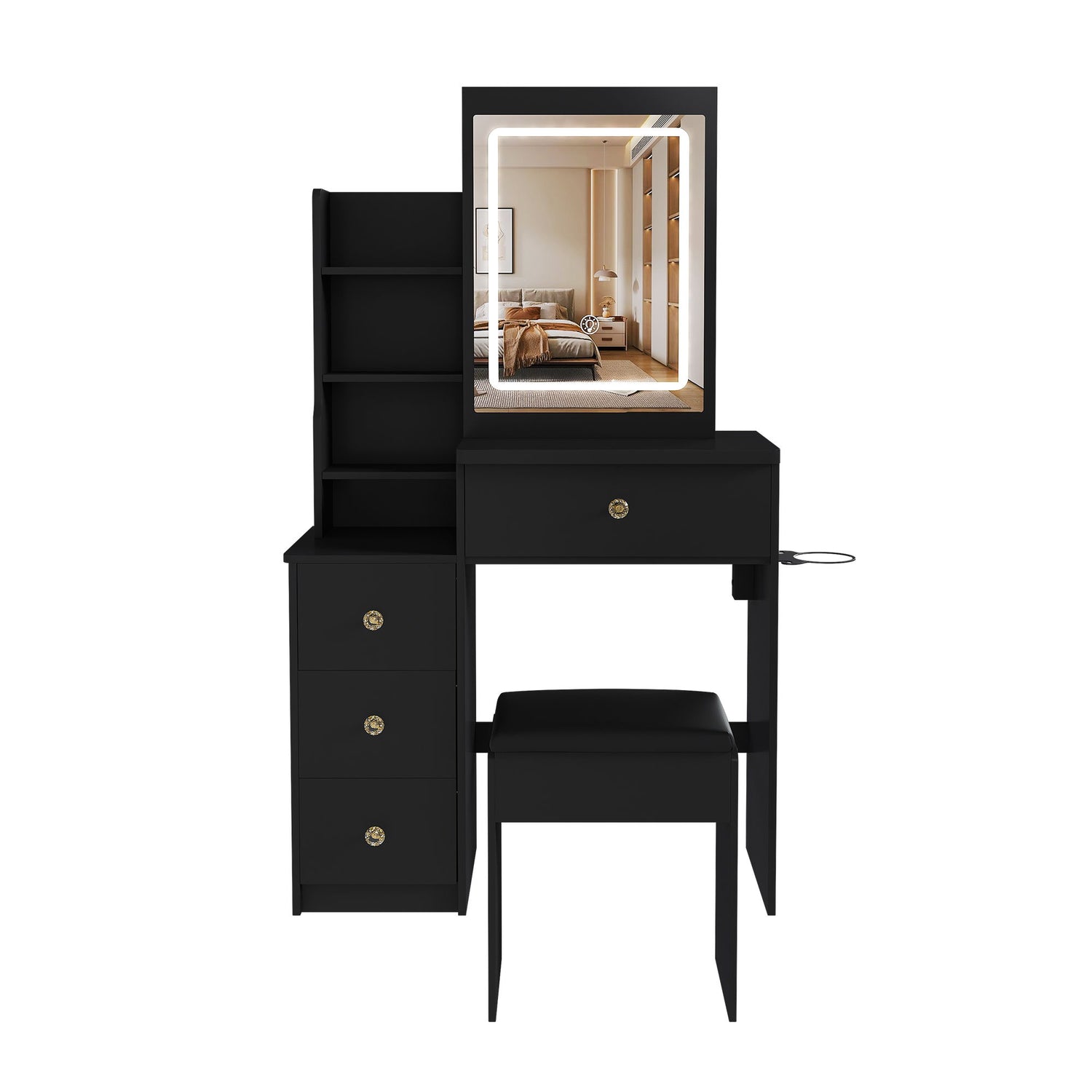 Vanity Desk With 3 LED Lighting Modes, 4 Drawers, Open Shelves, Hair Dryer Holder &amp; Power Socket Dressing Table Set With Chair - Black