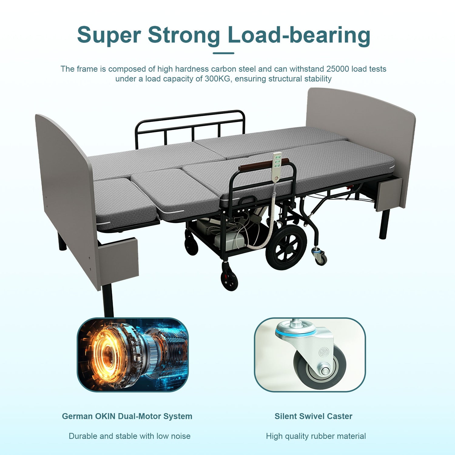 Dual Motor 3 In 1 Electric Nursing Bed Convertible To Wheelchair &amp; Stretcher - Gray
