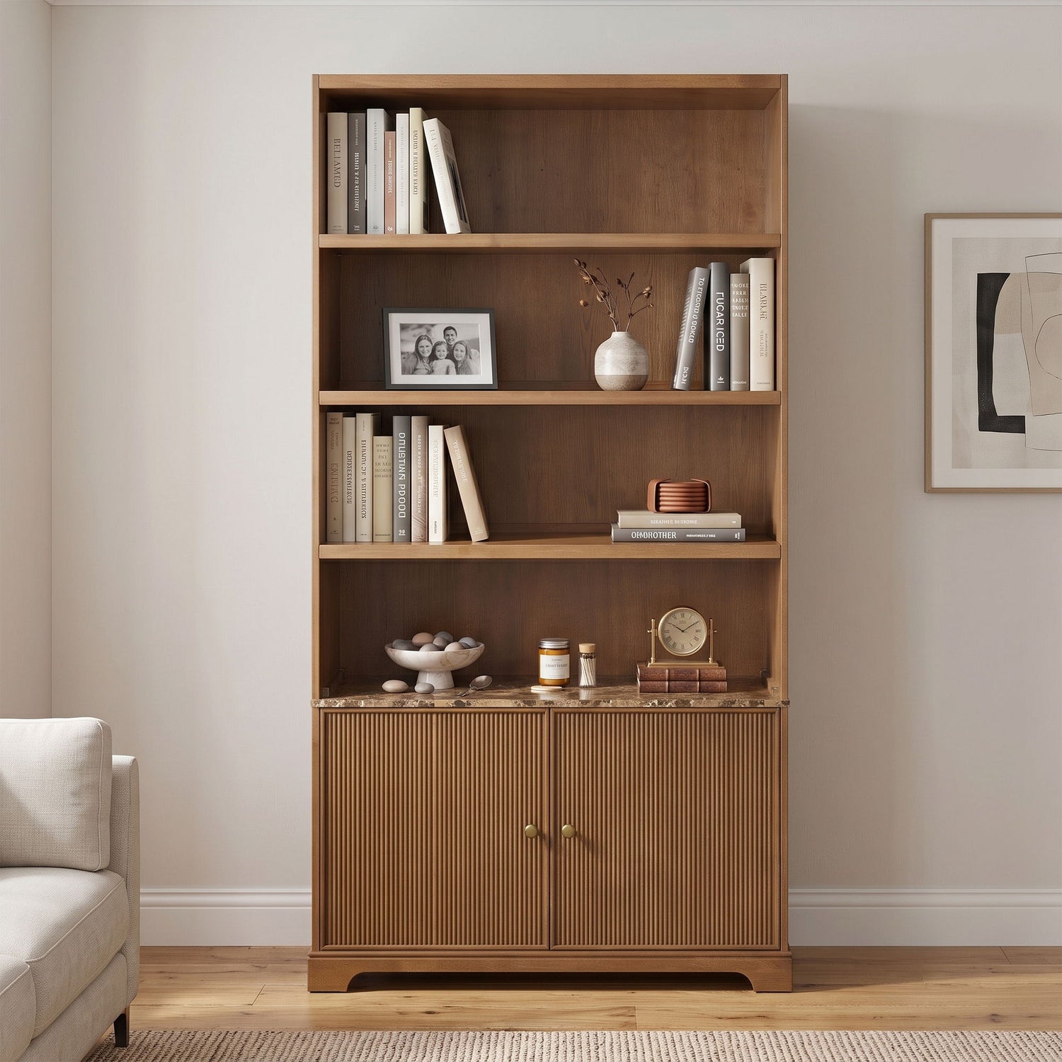 Tall Bookcase Storage Cabinet With 3 Open Shelves &amp; Fluted Double Doors
