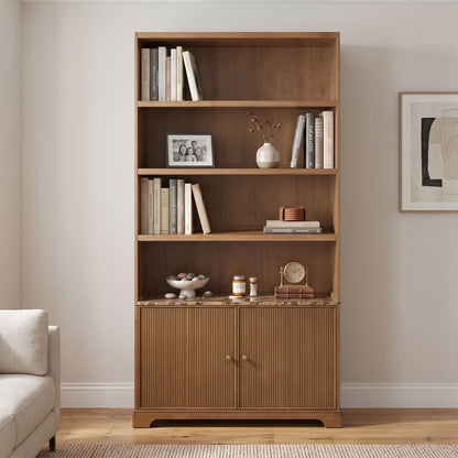 Tall Bookcase Storage Cabinet With 3 Open Shelves &amp; Fluted Double Doors