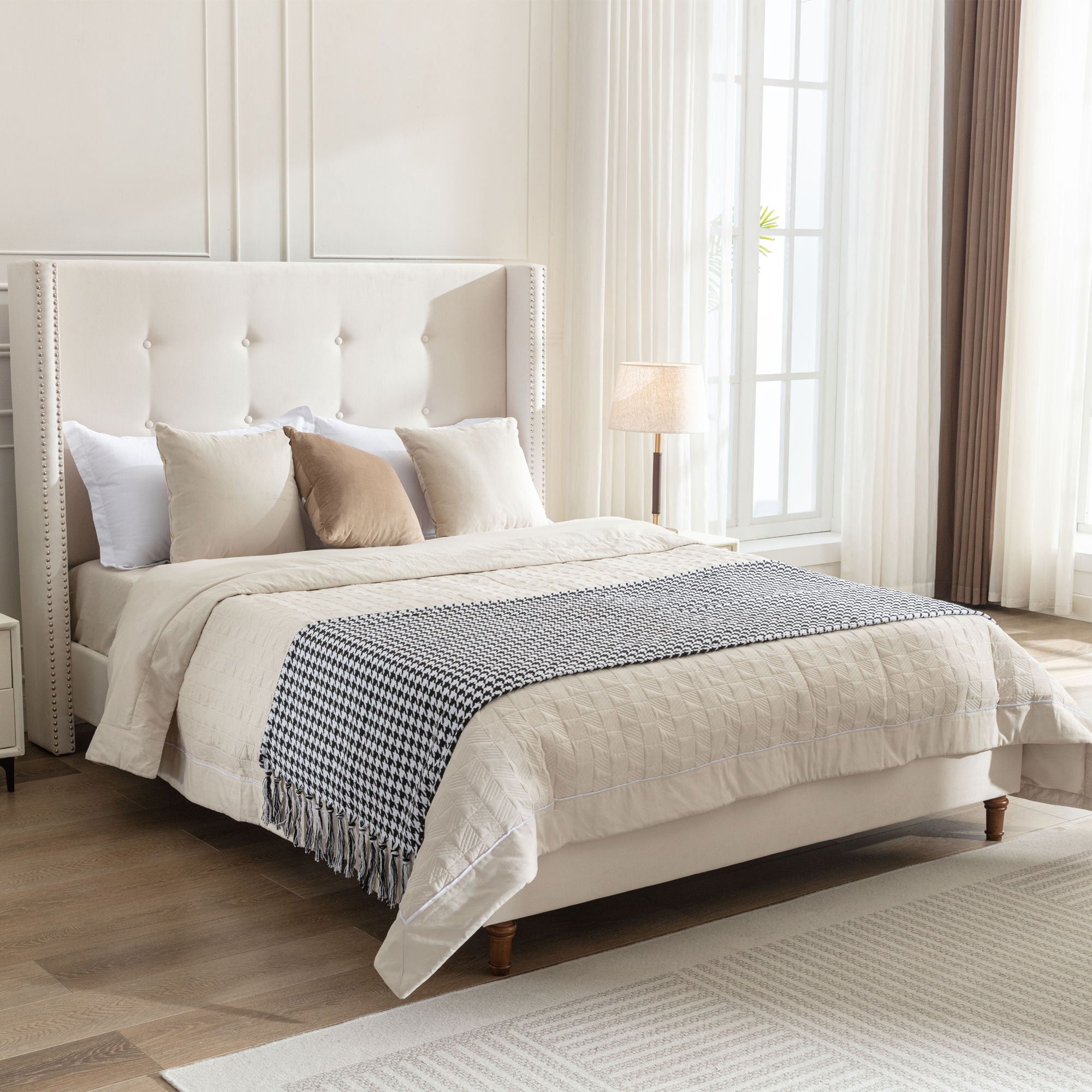 Peyton - Upholstered Bed With 54&quot; High Headboard, Traditional Hand Buttoned Tufting