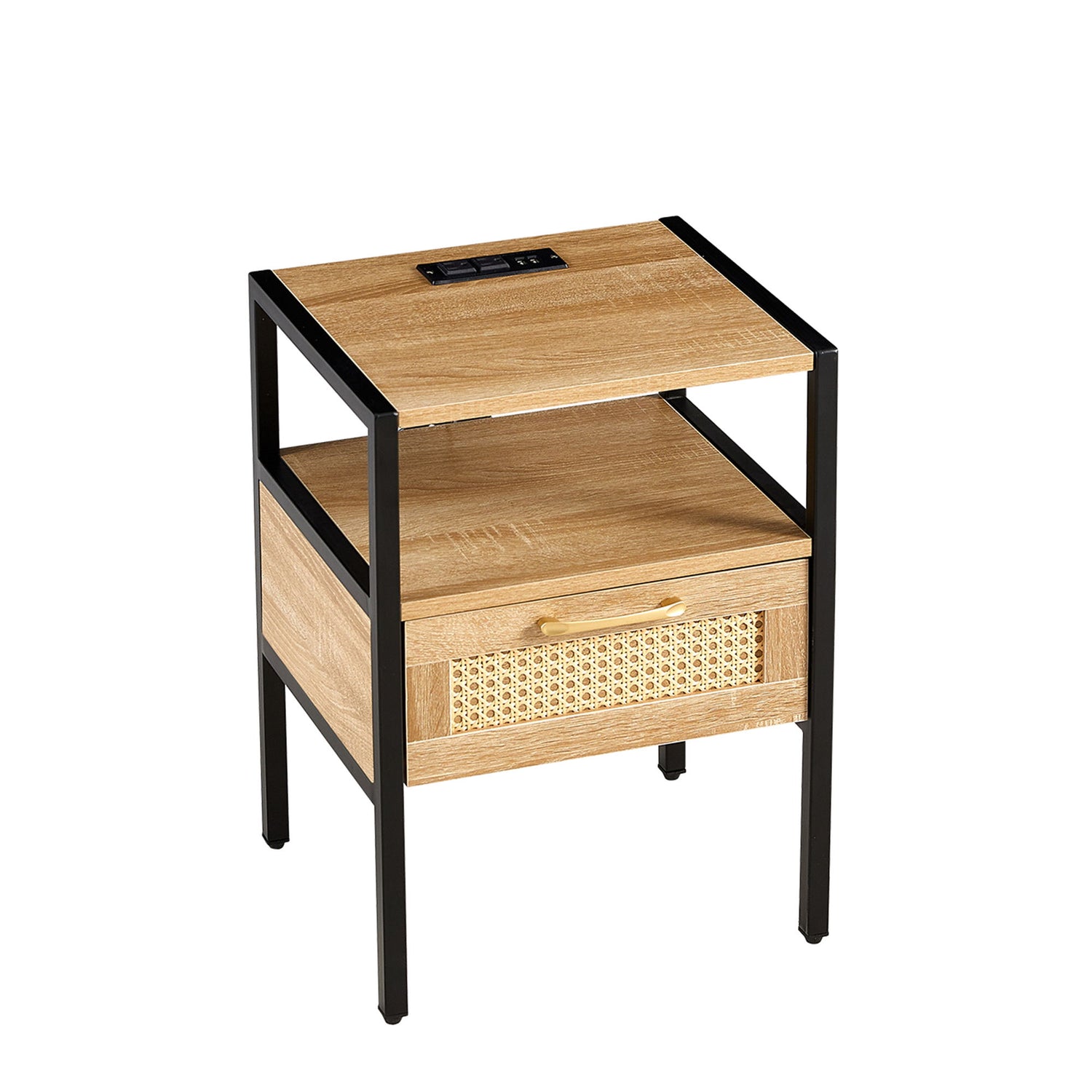 Rattan End Table With Power Outlet &amp; USB Ports, Modern Nightstand With Drawer And Metal Legs, Side Table For Living Room, Bedroom