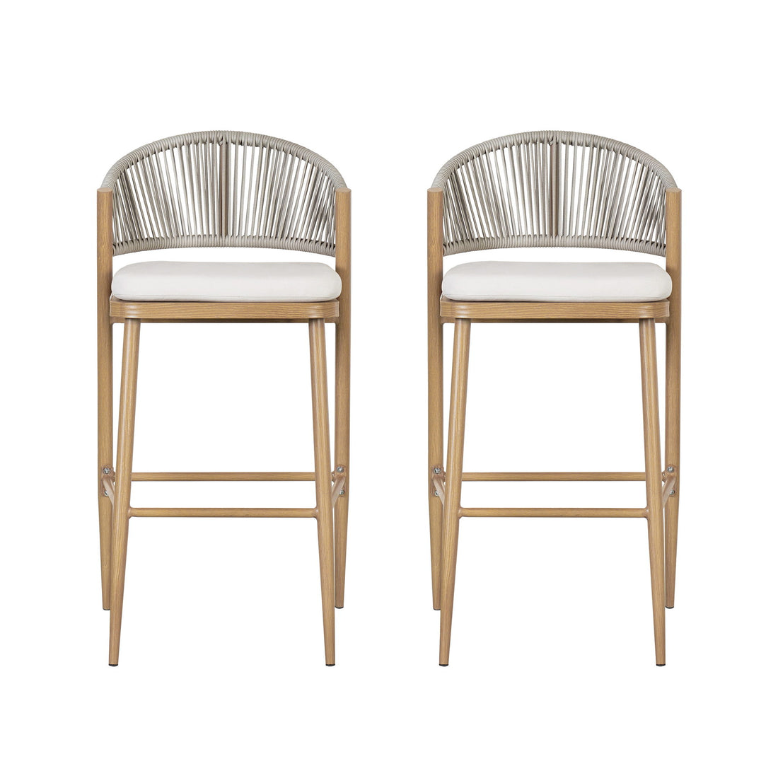 Outdoor Bar Height Metal Frame Counter Stools With Scallop Shaped Backrest &amp; Water Resistant Cushions