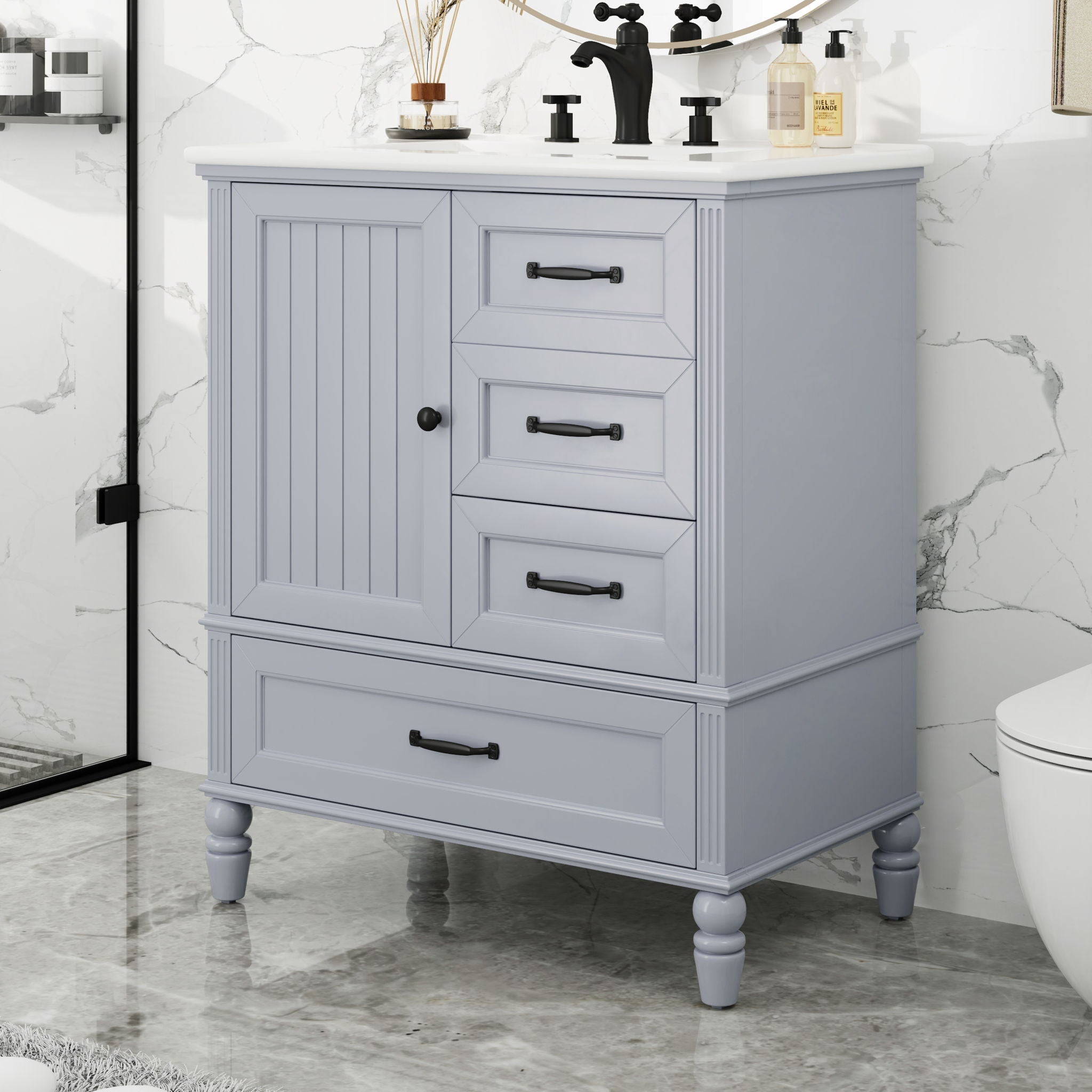 30&quot; Bathroom Vanity With Sink, Bathroom Cabinet With A Door, 3 Drawers Legs, Adiustable Foot Pads - Gray