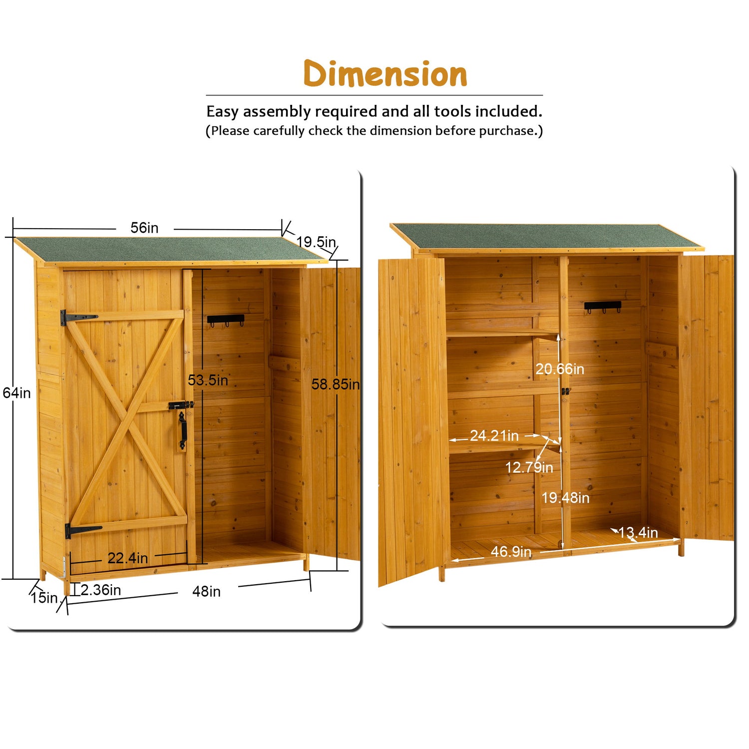 Outdoor Storage Shed With Lockable Door, Wooden Tool Storage Shed With Detachable Shelves &amp; Pitch Roof - Natural
