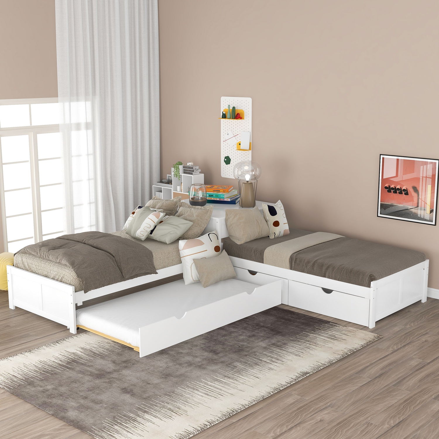 L Shaped Platform Bed With Trundle And Drawers Linked With Built In Desk