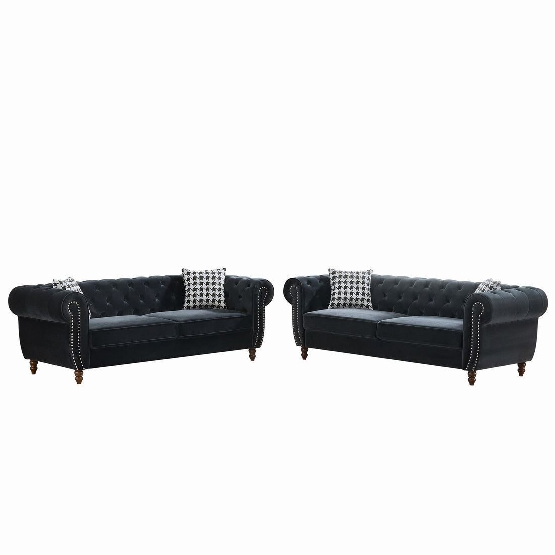 Chesterfield Velvet Upholstery Fabric Sofa With Roll Armrest &amp; Nailhead, Mid Century Modern 3 And 3 Seater Couch