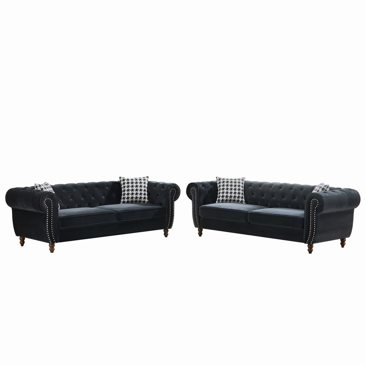 Chesterfield Velvet Upholstery Fabric Sofa With Roll Armrest &amp; Nailhead, Mid Century Modern 3 And 3 Seater Couch