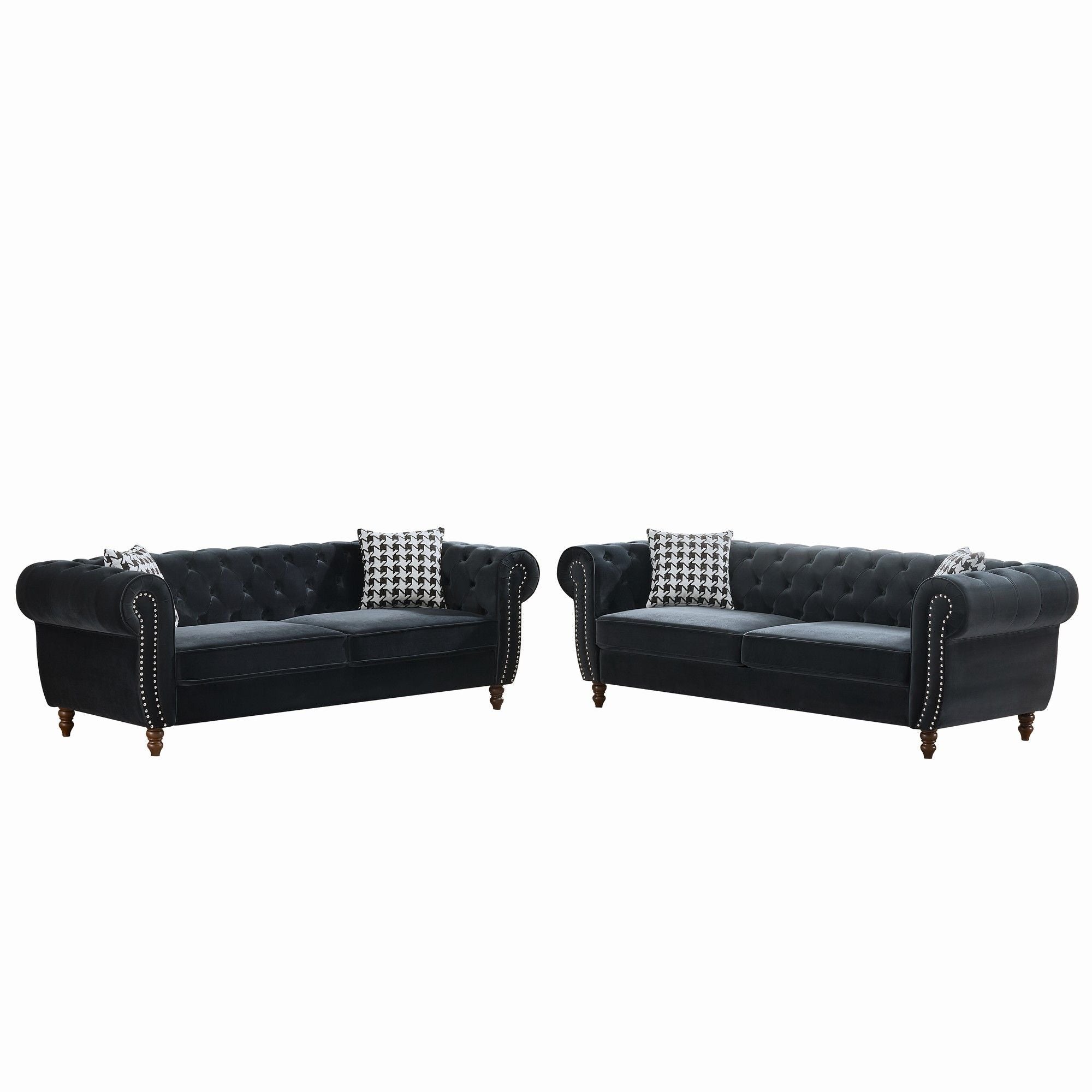 Chesterfield Velvet Upholstery Fabric Sofa With Roll Armrest &amp; Nailhead, Mid Century Modern 3 And 3 Seater Couch