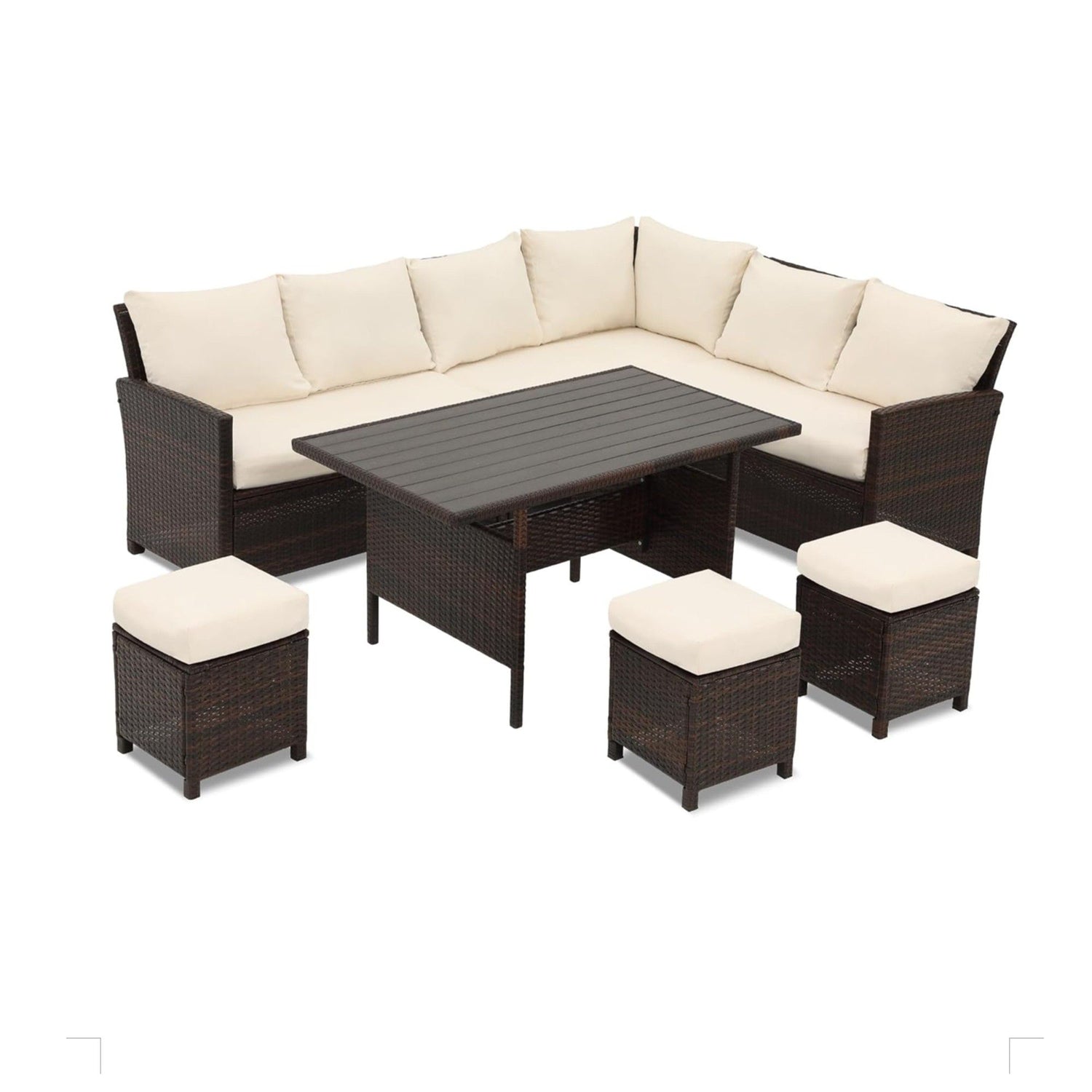 7 Piece Patio Dining Set With Cushions, Modular Sectional Sofa &amp; Storage Table