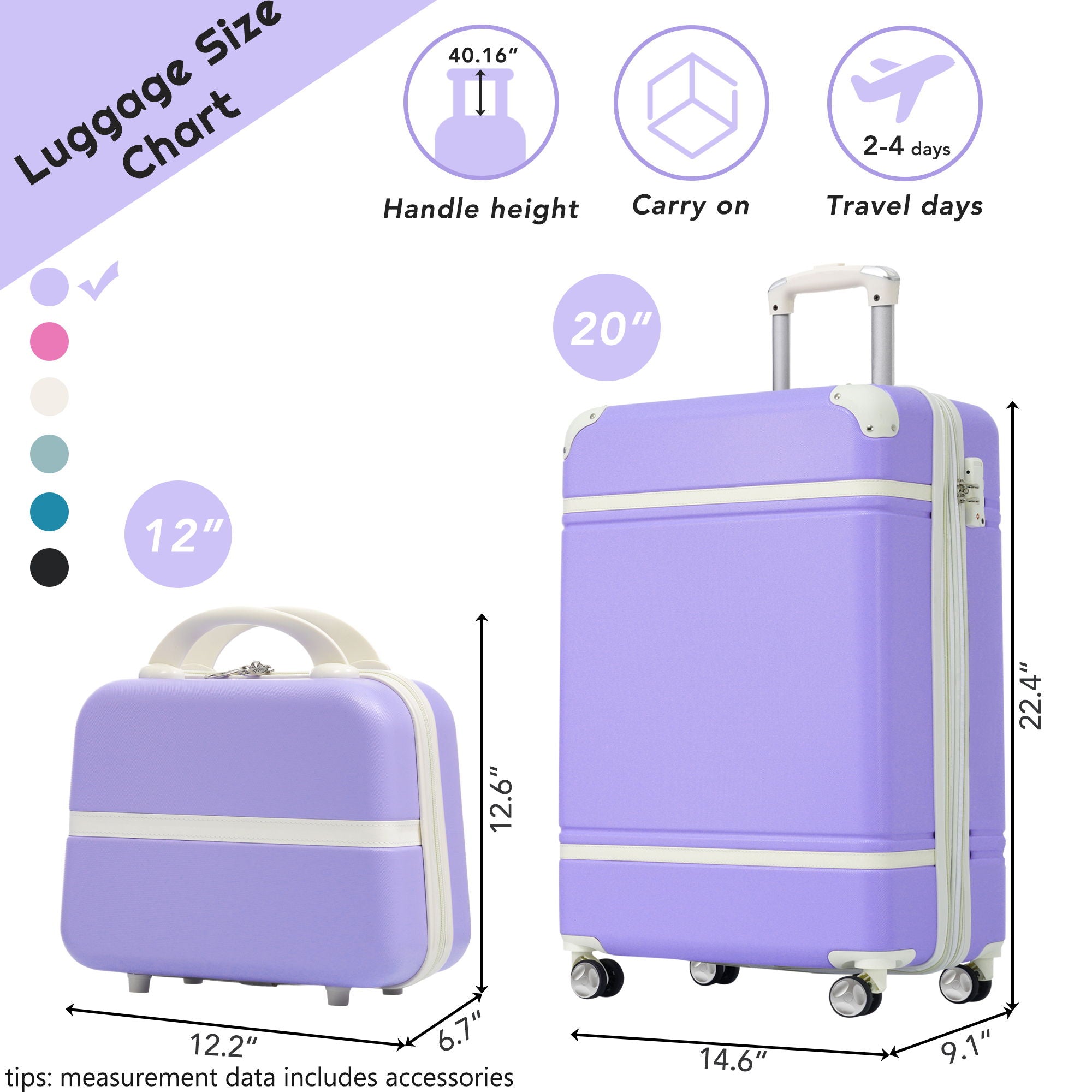 20&quot; Hardside Luggage With Cosmetic Case, 2 Piece Lightweight Suitcase Set With Spinner Wheels, Carry On Vintage Luggage