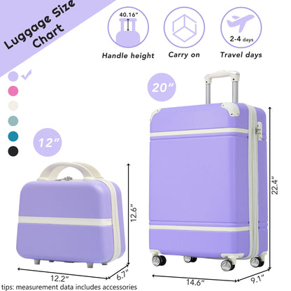 20&quot; Hardside Luggage With Cosmetic Case, 2 Piece Lightweight Suitcase Set With Spinner Wheels, Carry On Vintage Luggage