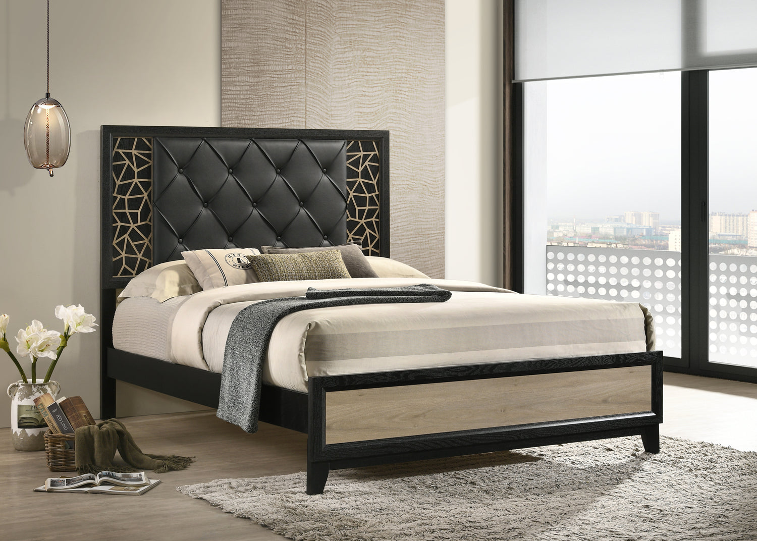 Selena Modern &amp; Contemporary King 4PC Bedroom set Made with Wood in Black and Natural