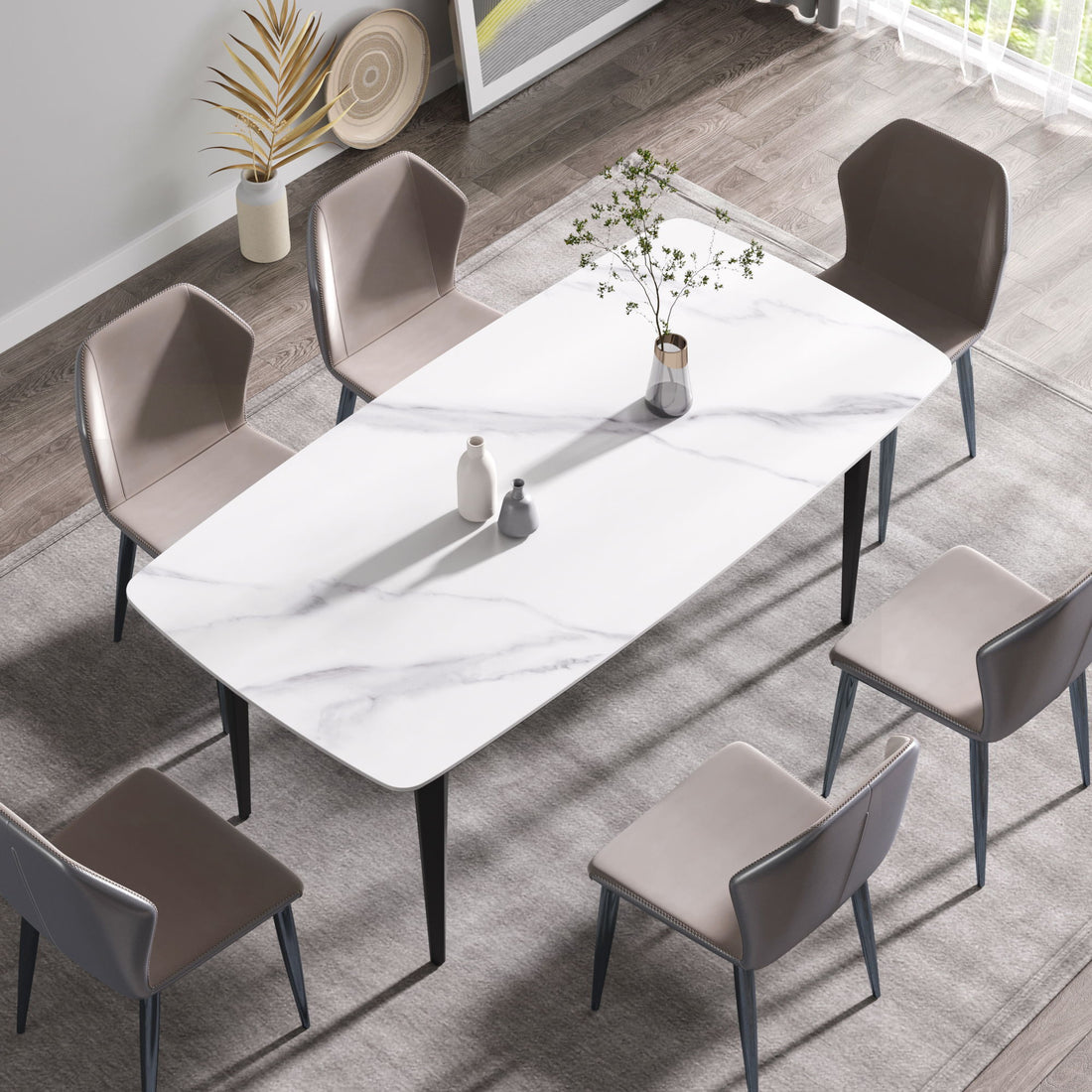 70.87&quot; Modern Artificial Stone Curved Black Metal Leg Dining Table, Can Accommodate 6-8 People - White / Black