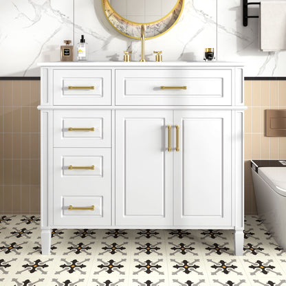 Bathroom Vanity With Sink, 4 Drawers (1 Flip Drawer), 2 Doors &amp; Adjustable Shelf - White