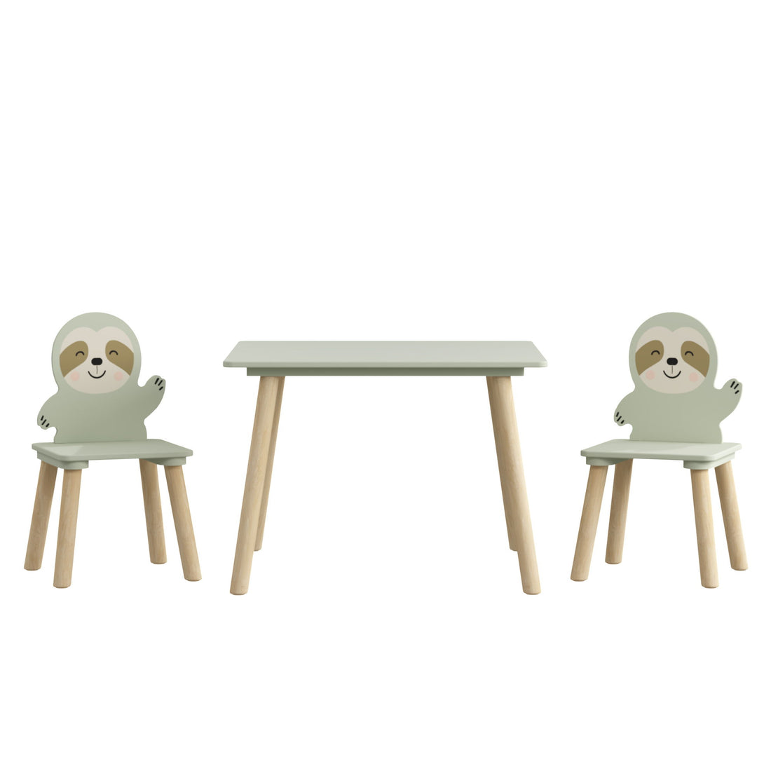 Sloth Themed Table And Chair Set With 2 Cute Animal Chairs - Natural Wood / Sage Green
