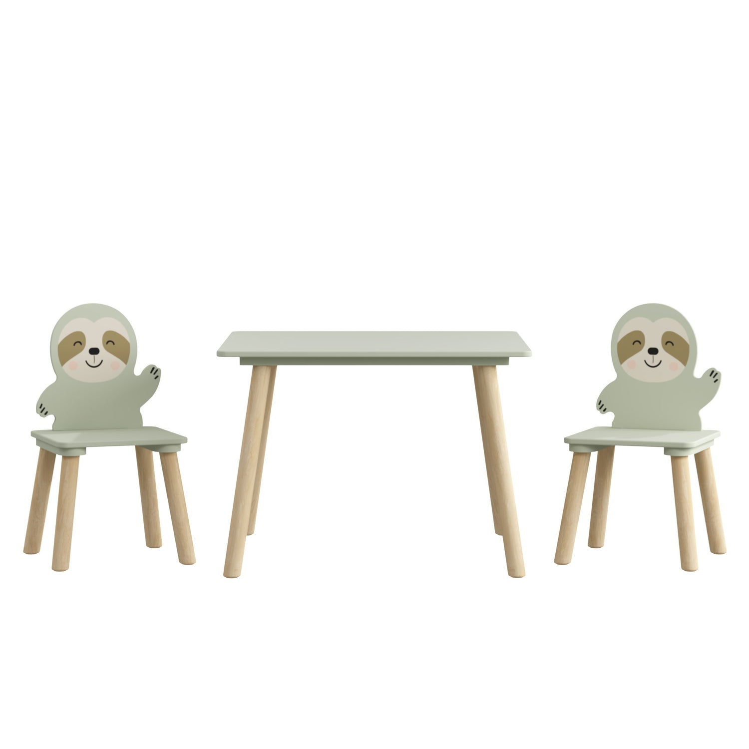 Sloth Themed Table And Chair Set With 2 Cute Animal Chairs - Natural Wood / Sage Green