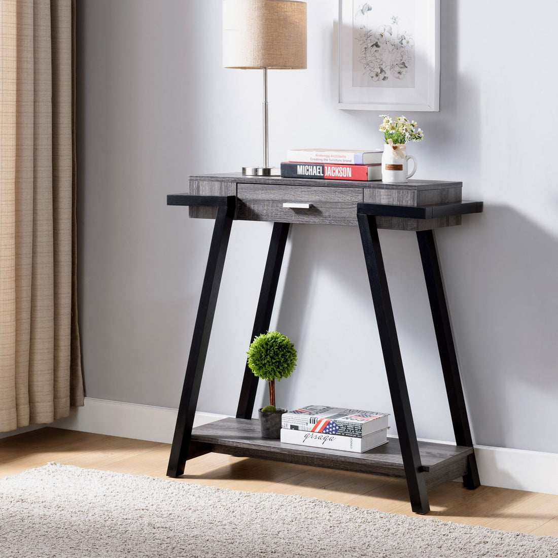 Modern Hallway Display Table With Drawer &amp; Bottom Shelve - Distressed Gray / Black