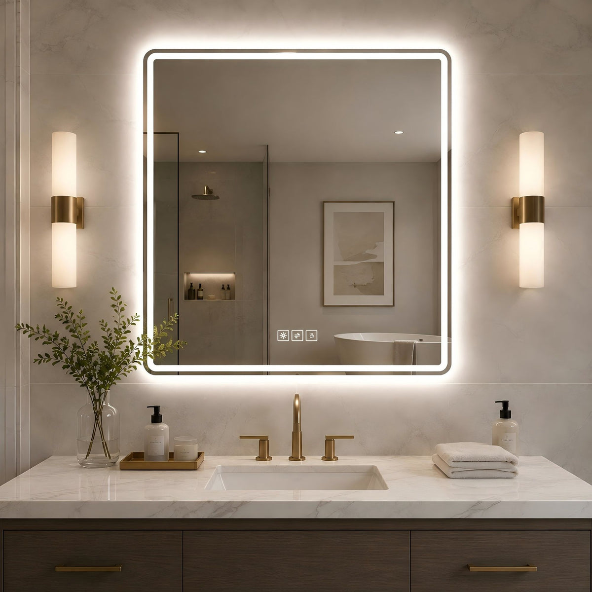 36 X 36 LED Bathroom Mirror With Dimmable Frosted Light Band, 3 Color Temperatures, Anti Fog, Memory &amp; Auto Off - Silver