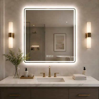36 X 36 LED Bathroom Mirror With Dimmable Frosted Light Band, 3 Color Temperatures, Anti Fog, Memory &amp; Auto Off - Silver