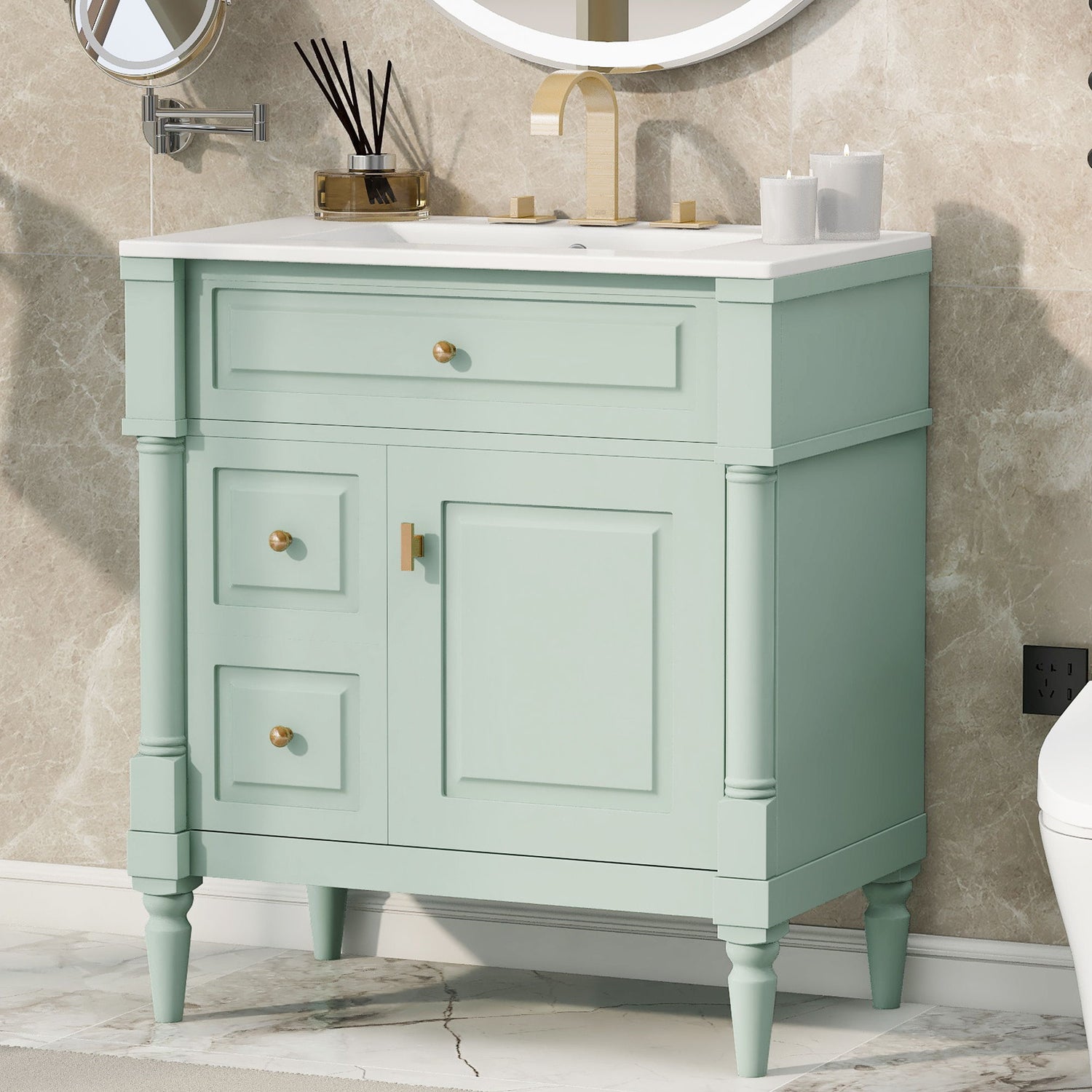 Modern Bathroom Vanity With Sink, Freestanding Cabinet With Flip Drawer &amp; Adjustable Shelf