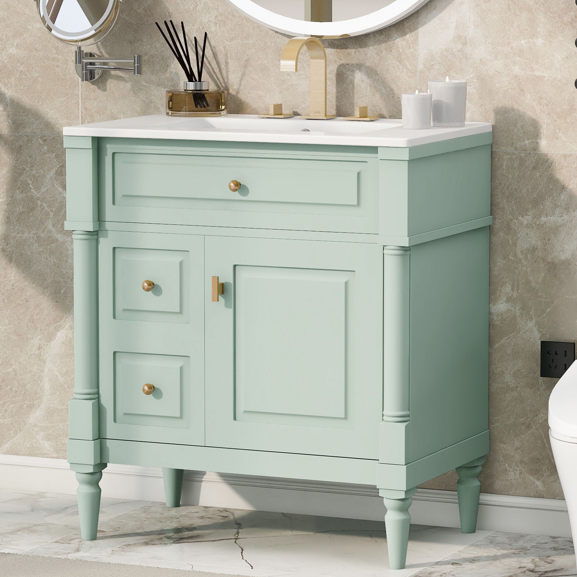 Modern Bathroom Vanity With Sink, Freestanding Cabinet With Flip Drawer &amp; Adjustable Shelf