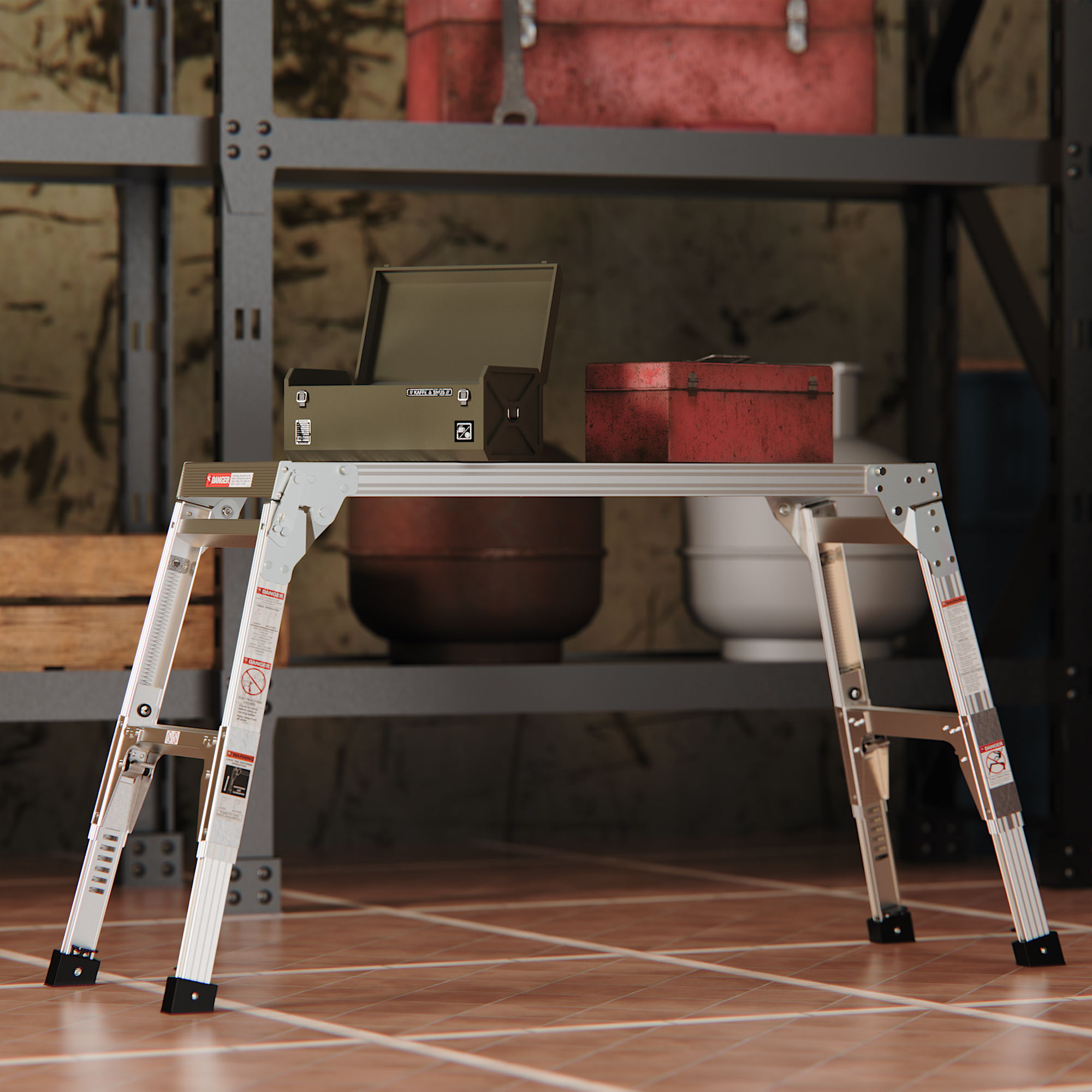 Aluminum Work Platform Large Size Step Stool Folding Portable Work Bench 40&quot; Width Telescopic Feet Height Adjustable - Gray