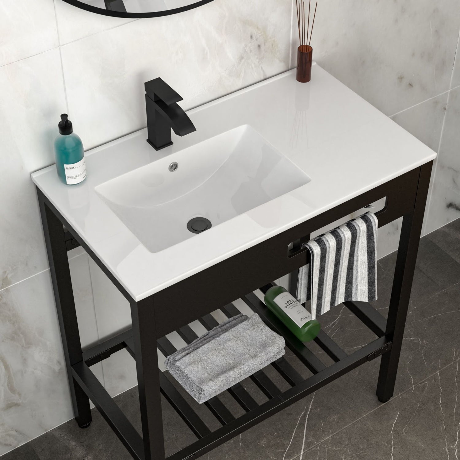 Console Sink With Legs, 32&quot; X 18.5&quot;, Durable Porcela With Support - White / Black