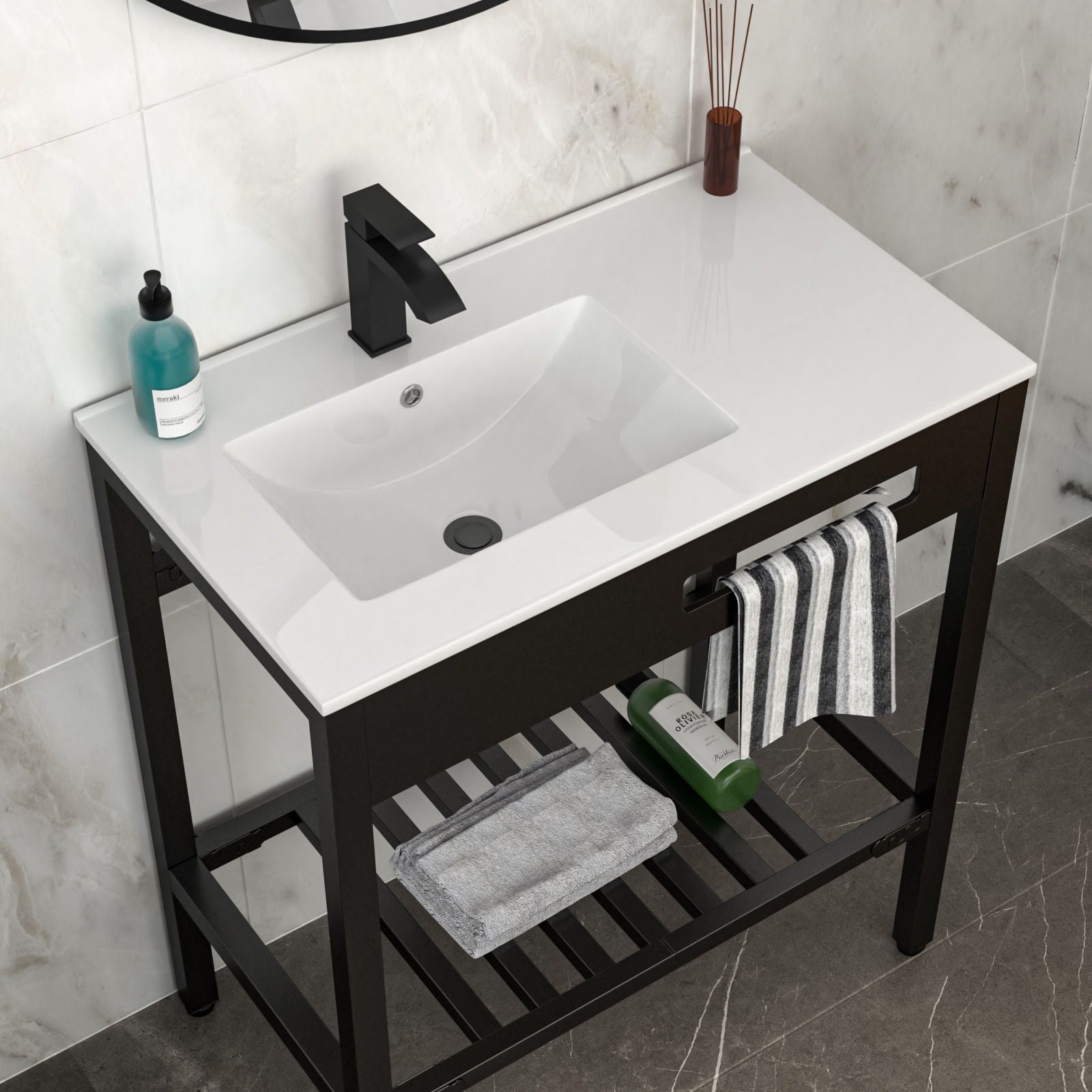 Console Sink With Legs, 32&quot; X 18.5&quot;, Durable Porcela With Support - White / Black