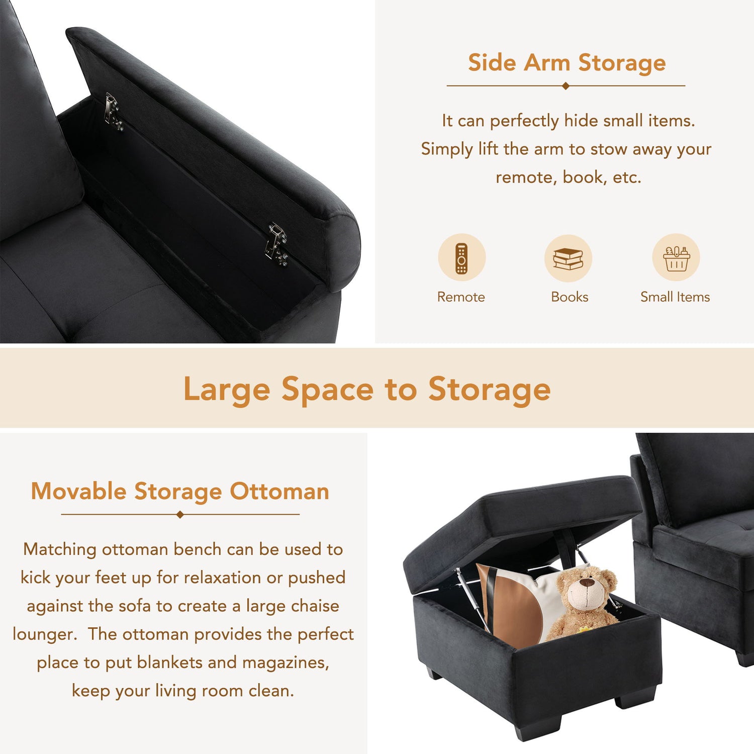 Sleeper Sectional Sofa, L-Shape Corner Couch Sofa Bed With Storage Ottoman &amp; Hidden Arm Storage &amp; USB Charge For Living Room Apartment
