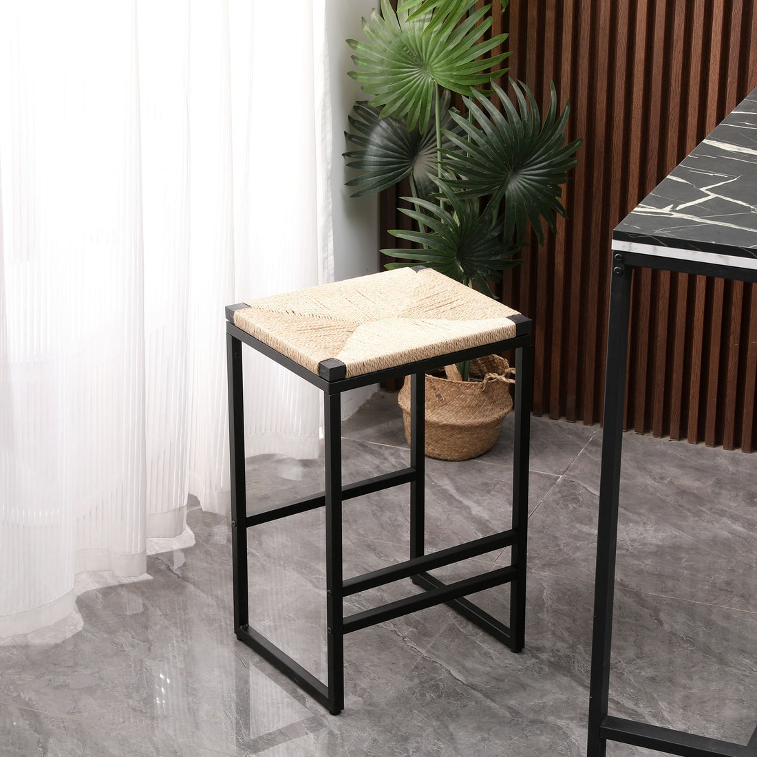 Boho Style Backless Bar Stools (Set of 2) With Paper Rope Woven Seat &amp; Metal Frame For Kitchen Counter