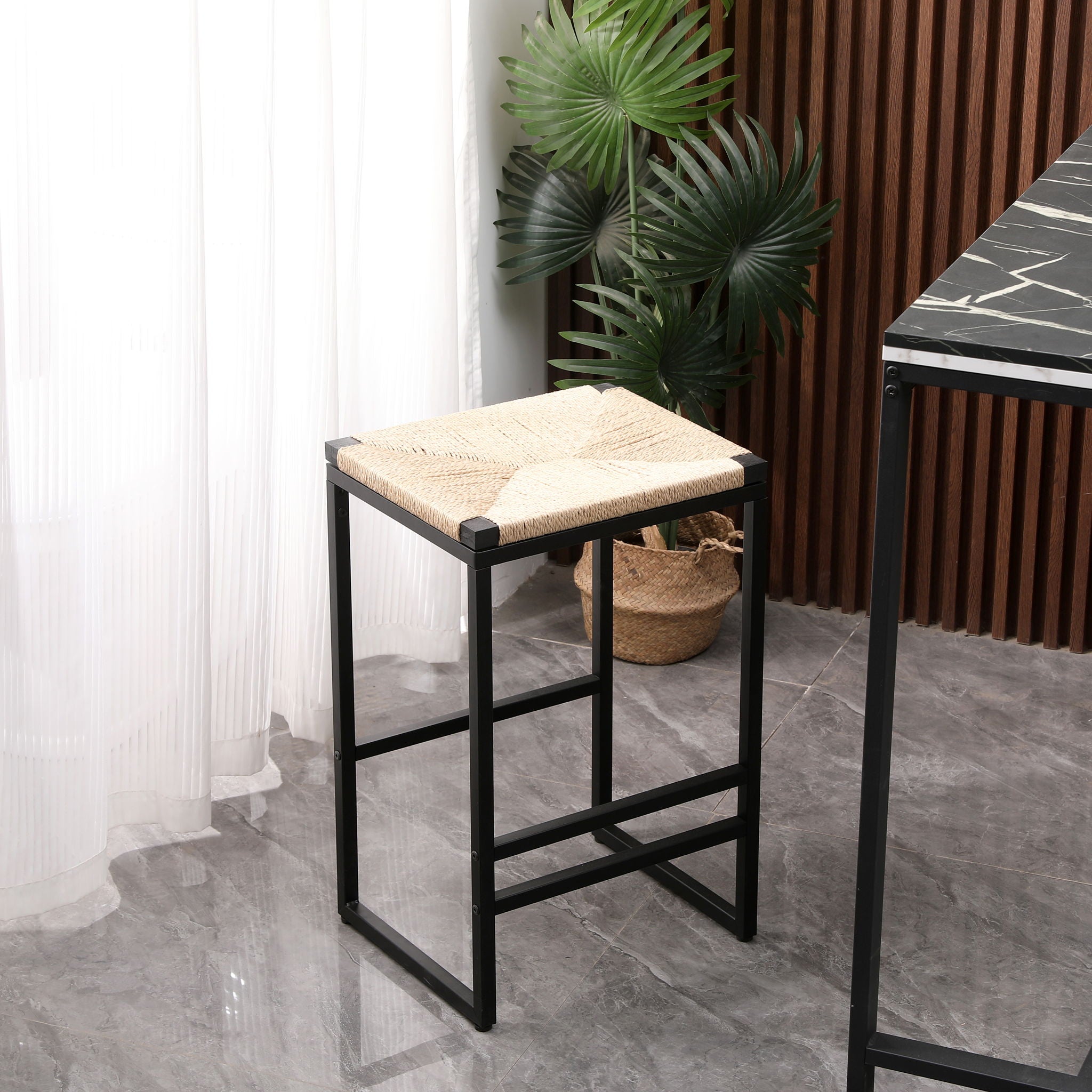Boho Style Backless Bar Stools (Set of 2) With Paper Rope Woven Seat &amp; Metal Frame For Kitchen Counter