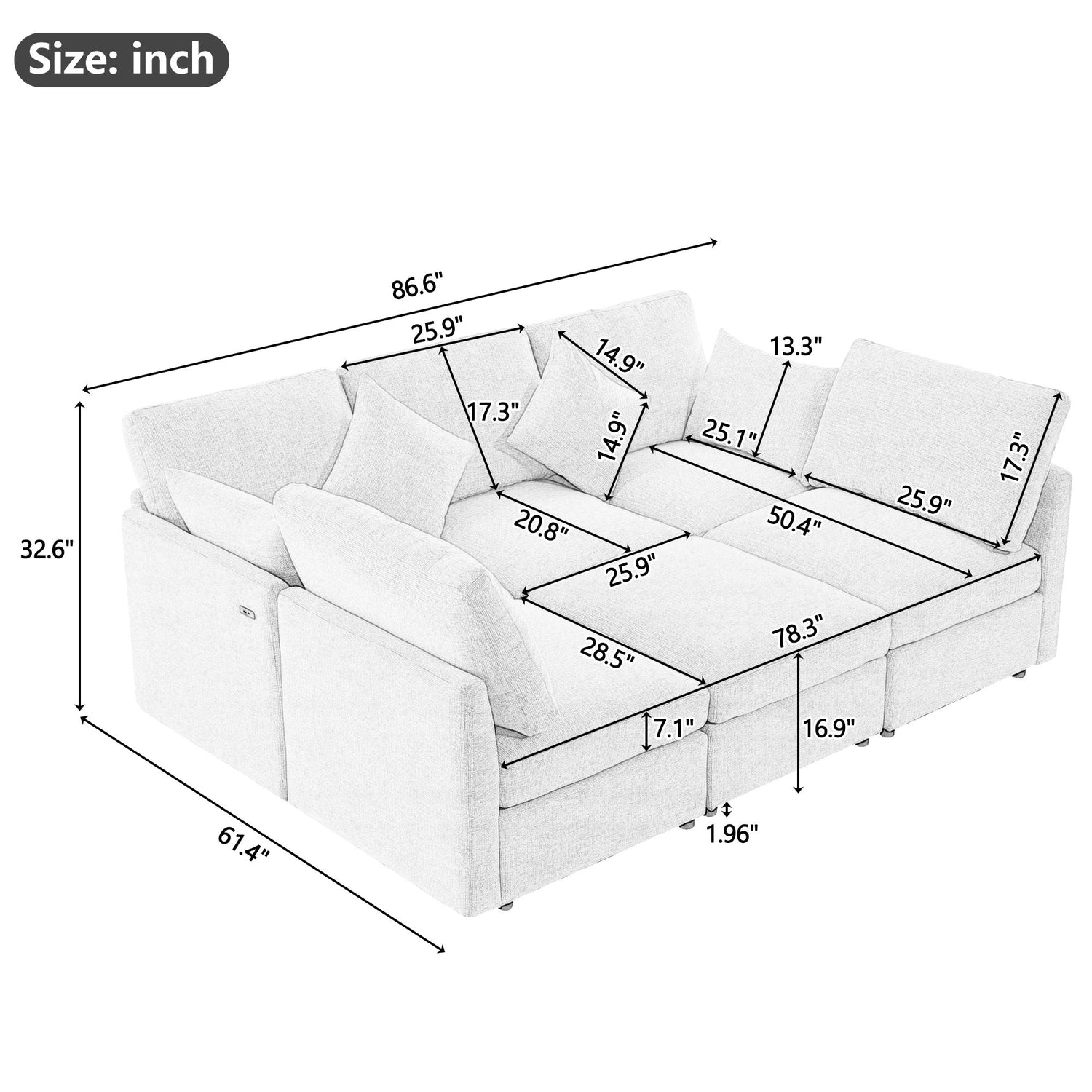 Sectional Sofa Modular U-Shaped With Ottoman &amp; USB Ports
