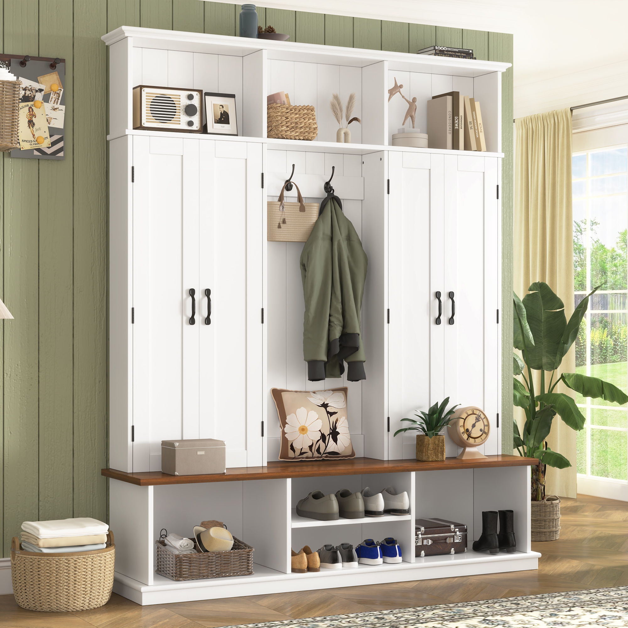 Entryway Hall Tree With Bench, 3 Top Cubbies &amp; Bottom Storage Space