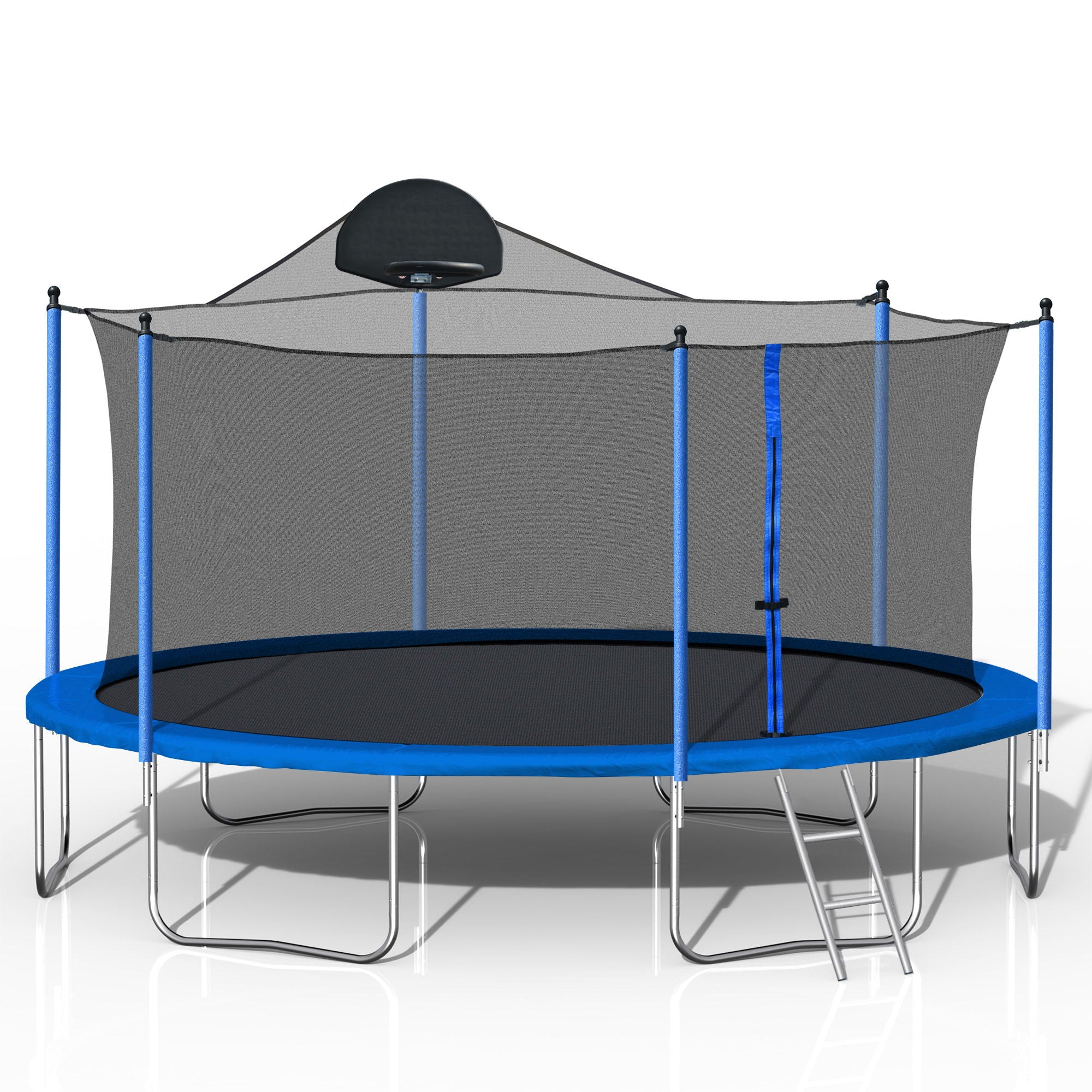 14Ft Trampoline For Adults &amp; Kids With Basketball Hoop, Outdoor Trampolines With Ladder And Safety Enclosure Net For Kids And Adults, Double-Side Color Cover - Blue