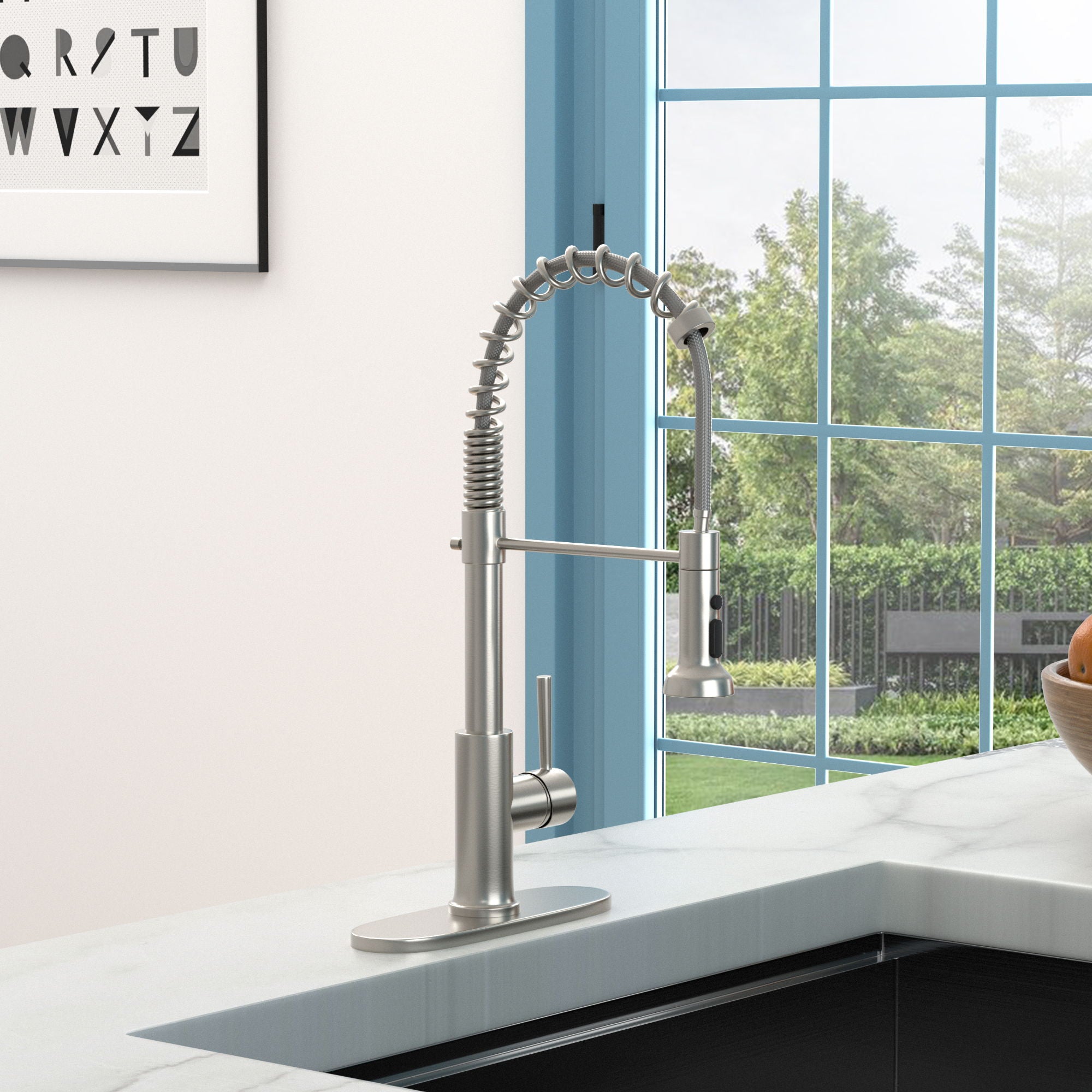 21&quot; Commercial Kitchen Faucet With Dual Function Pull Down Sprayhead In, Stainless Steel - Brushed Nickel