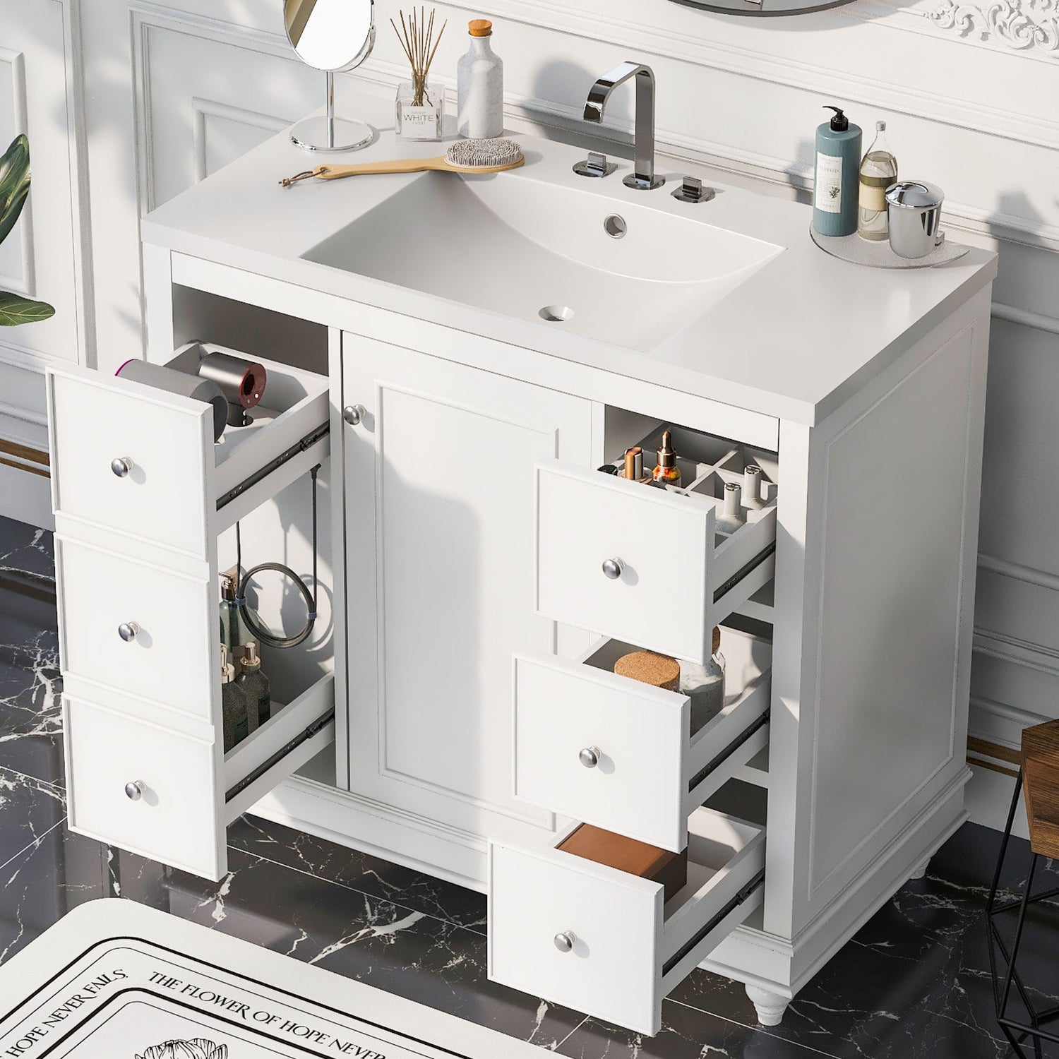 Contemporary Bathroom Vanity Cabinet, 4 Drawers &amp; 1 Cabinet Door, Multipurpose Storage, Resin Integrated Sink, Adjustable Shelves, Solid Wood Frame With MDF