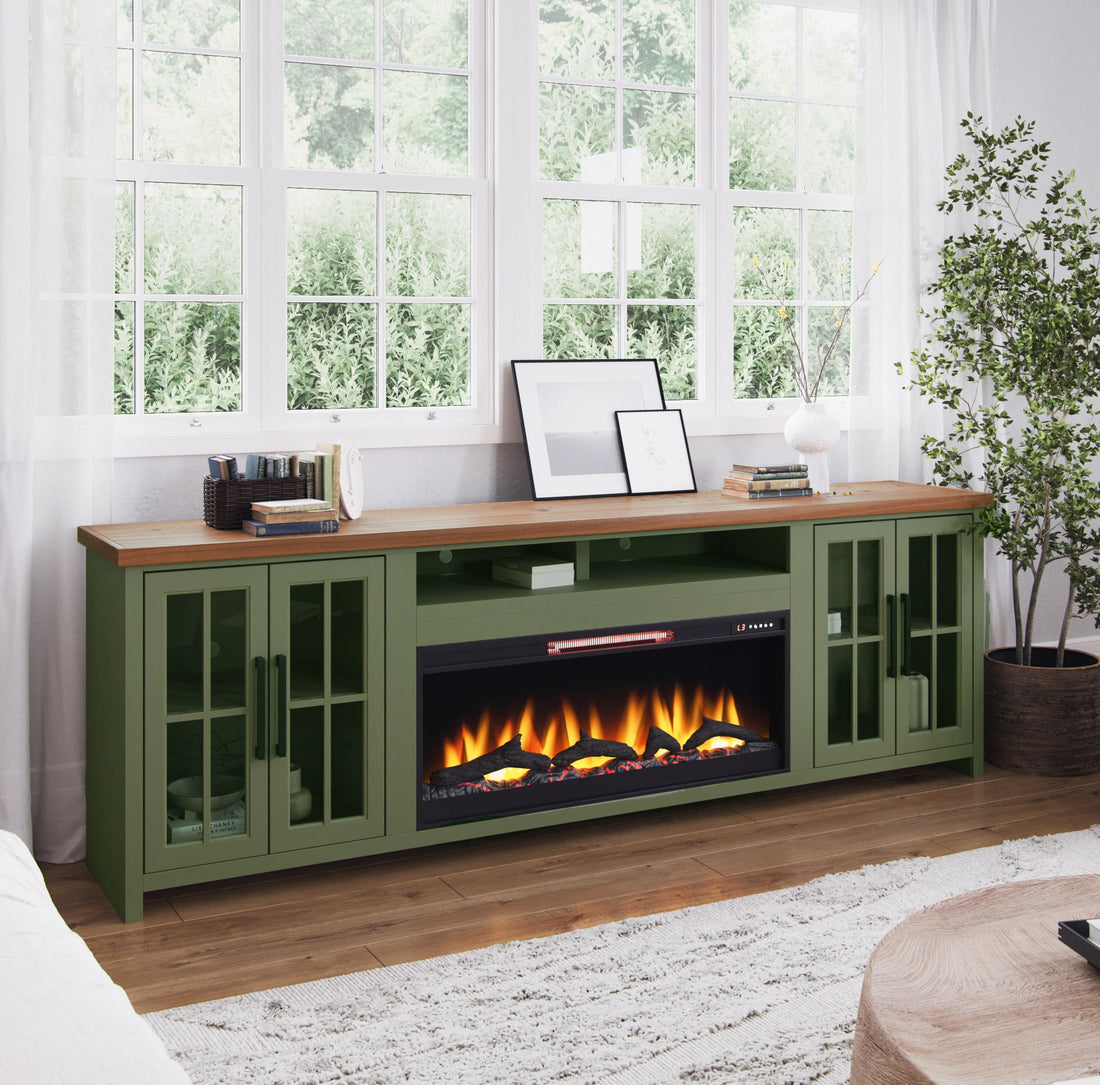 Vineyard - 97&quot; Fireplace TV Stand Console For TVs Up To 100&quot; - Sage Green And Fruitwood Finish