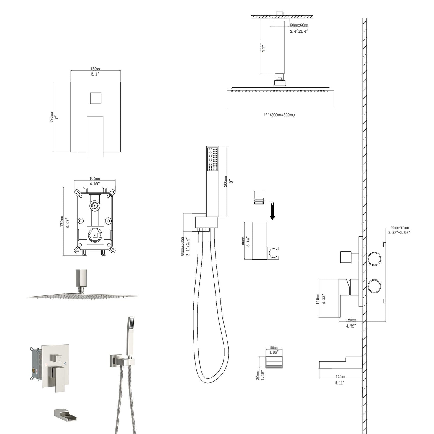 Modern Shower System With Waterfall Tub Spout, 12&quot; Ceiling Mount Square Shower